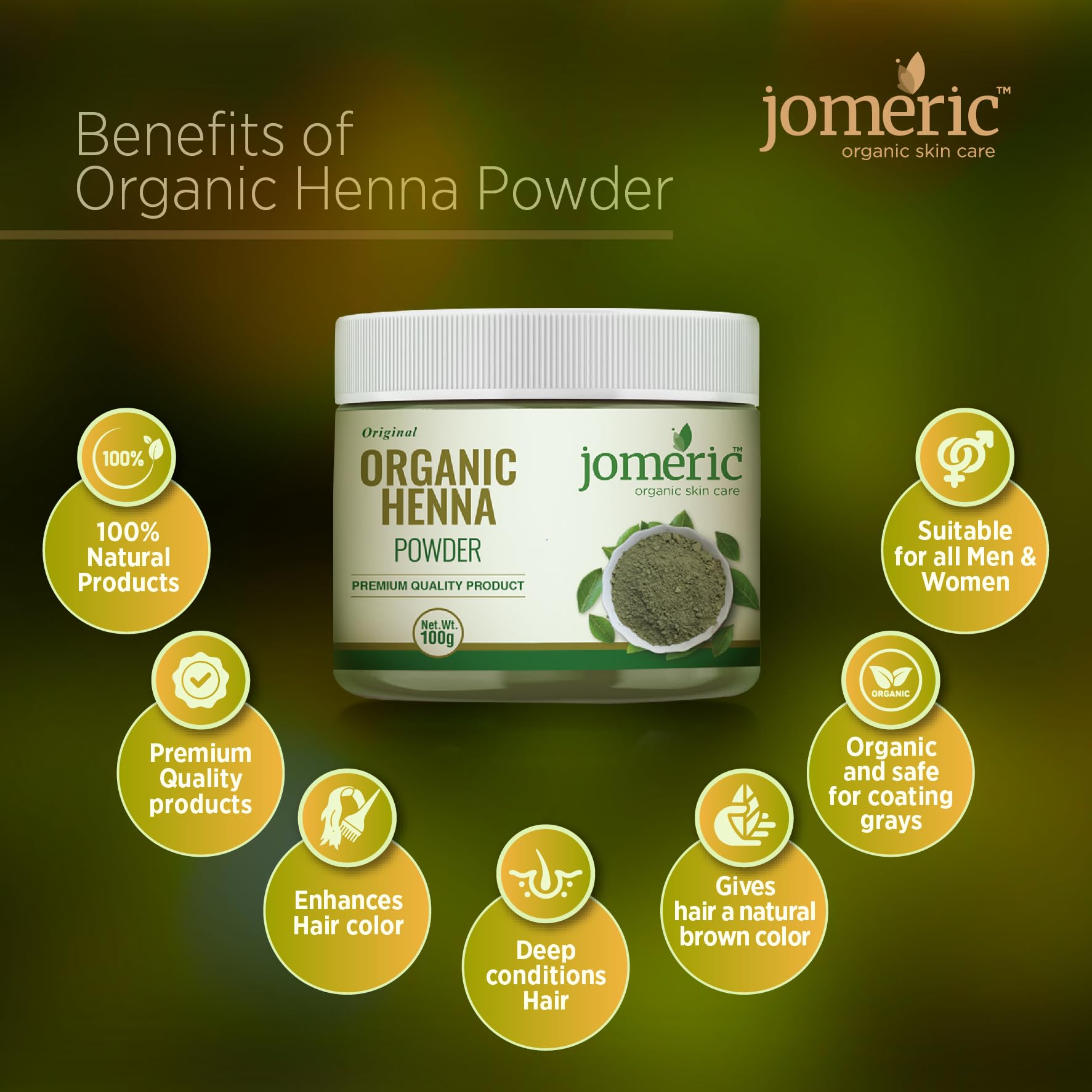Jomeric Organic Henna Powder 100g | 100% Natural Mehandi for Hair Care & Body Art | Chemical-Free Herbal Dye for Men & Women | Safe for DIY Hair Coloring, Tattoos & Bridal Mehndi (Pack of 1)