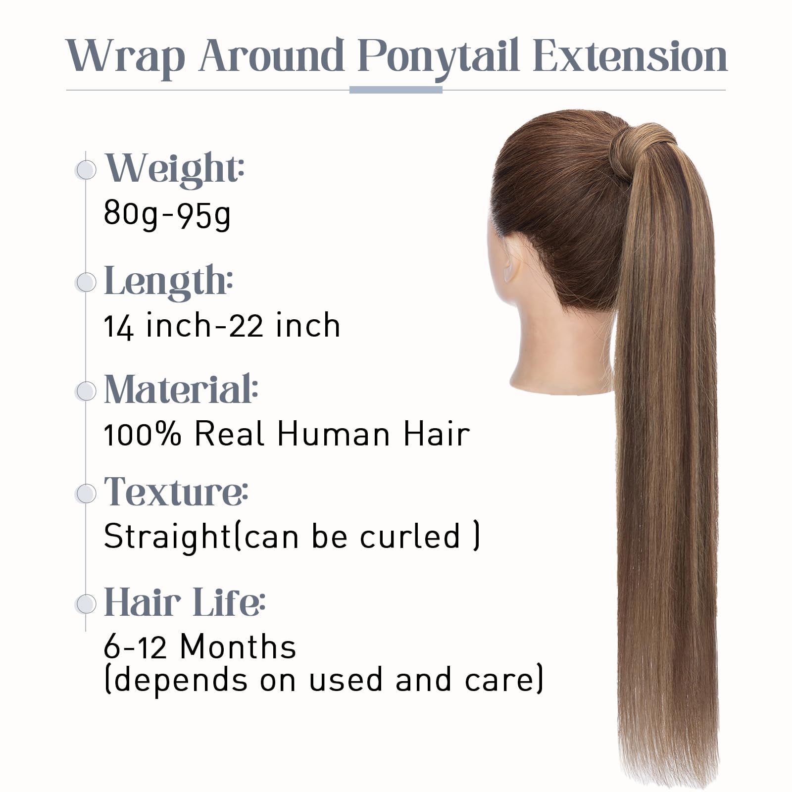 Premium Human Hair Ponytail Extension #4P27 - Medium Brown with Dark Blonde Highlights - 22 Inch Straight Clip-In Wrap Around Ponytail (90g) for Women - Perfect for Parties, Weddings & Everyday Styling