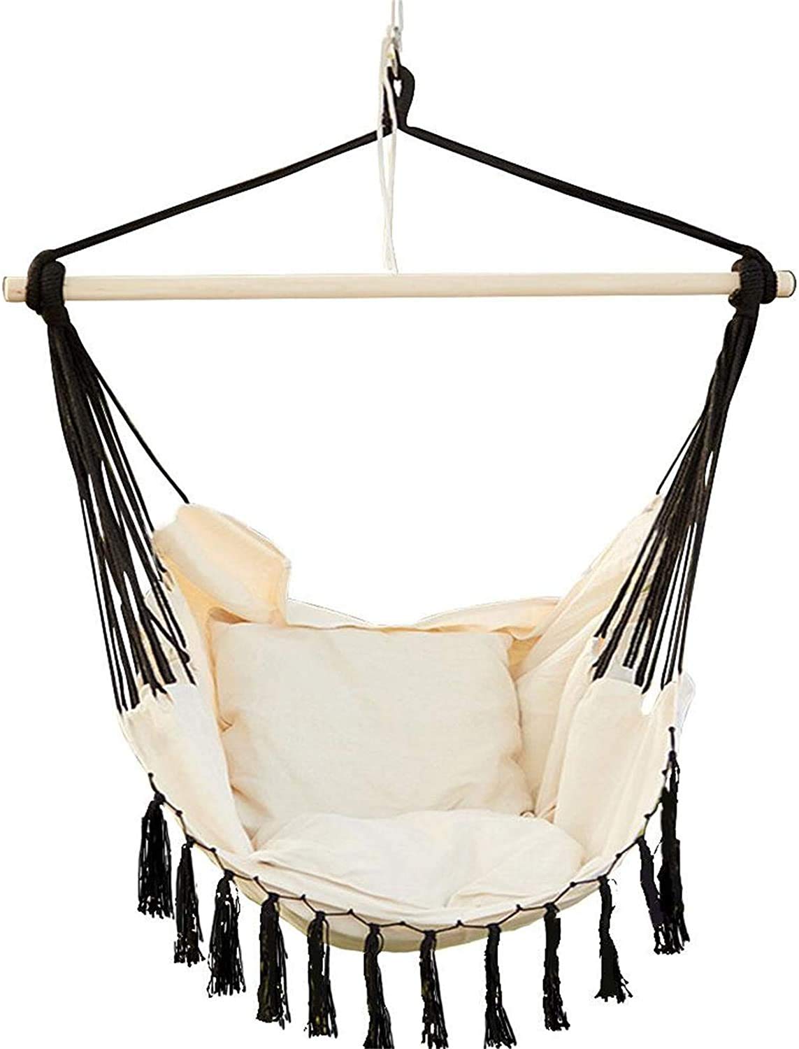 Portable Hammock Chair Swing with Hardware Kit - Cotton Canvas Hanging Rope Chair for Indoor & Outdoor Use - Includes 2 Soft Seat Cushions - Supports 263 lbs - Perfect for Bedroom, Patio, Garden Relaxation