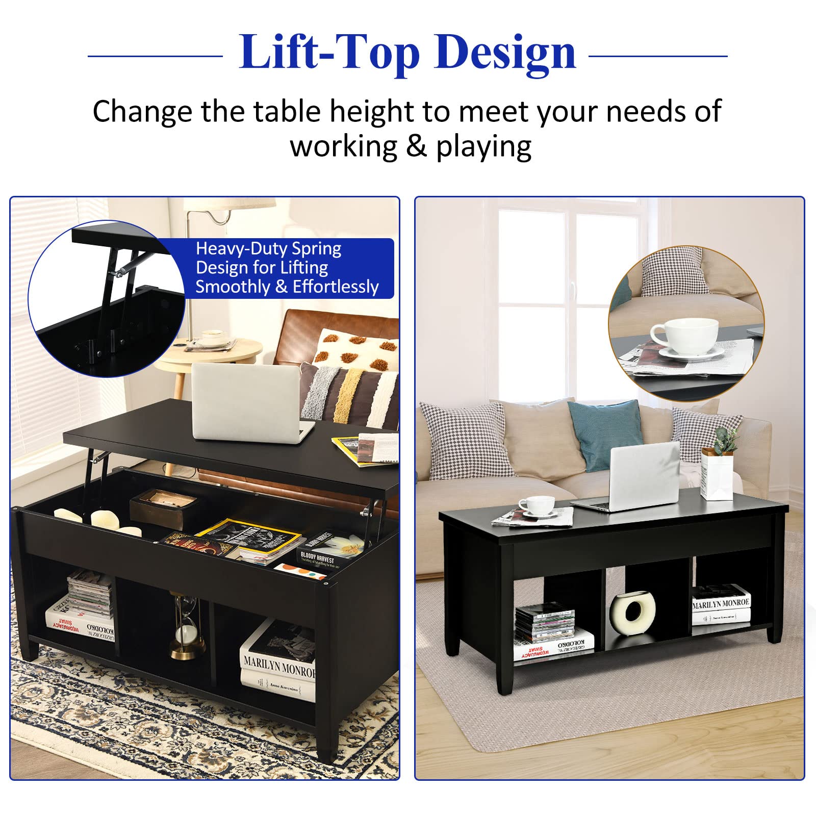 KOTEK Lift Top Coffee Table with Hidden Storage & Open Shelves - Modern Living Room Lift-Top Table with Compartment for Living Room, Office, Reception Area (Black) - Perfect for Small Space Organization & Stylish Home Decor