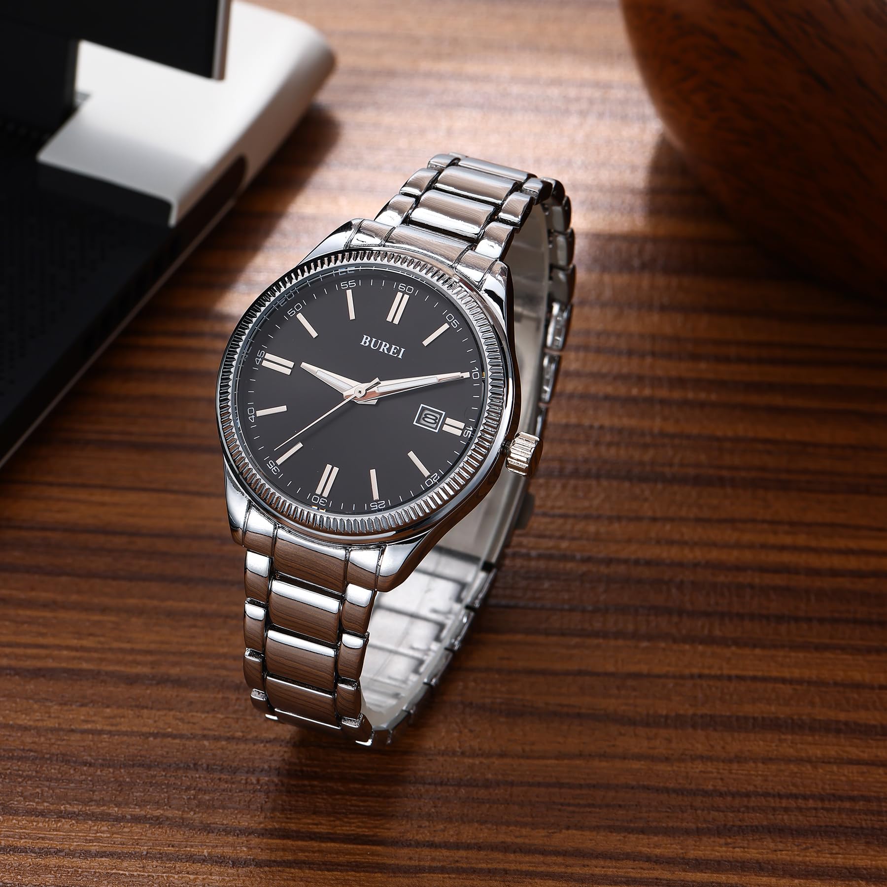 BUREI Men's Fashion Business Watch - Silver Analog Stainless Steel Quartz Waterproof Wristwatch for Men | Perfect Gift for Him | Ideal for Office, Formal Events & Everyday Wear