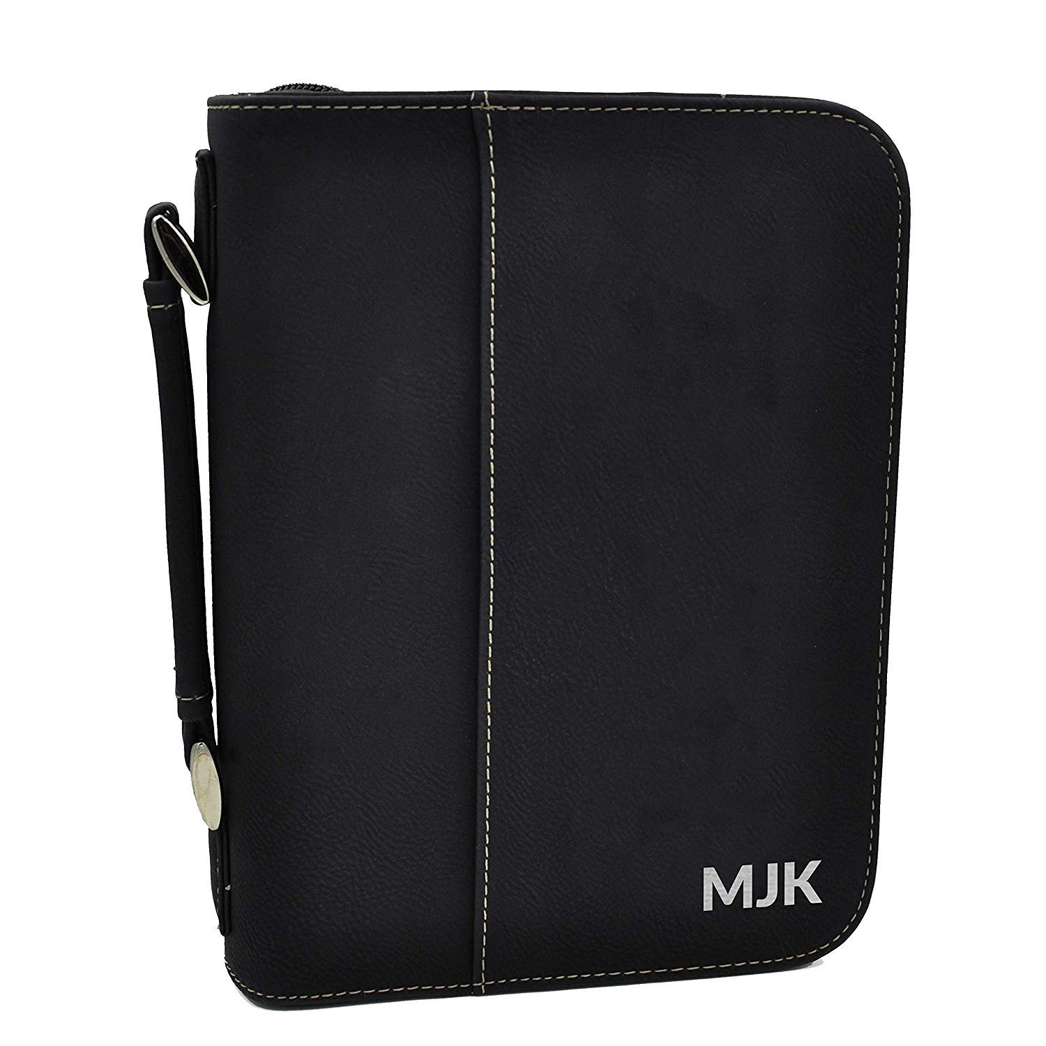 Personalized Bible Cover with Engraved Initials - Black Leather Bible Case with Silver Monogram - Perfect for Church, Bible Study & Gift Giving