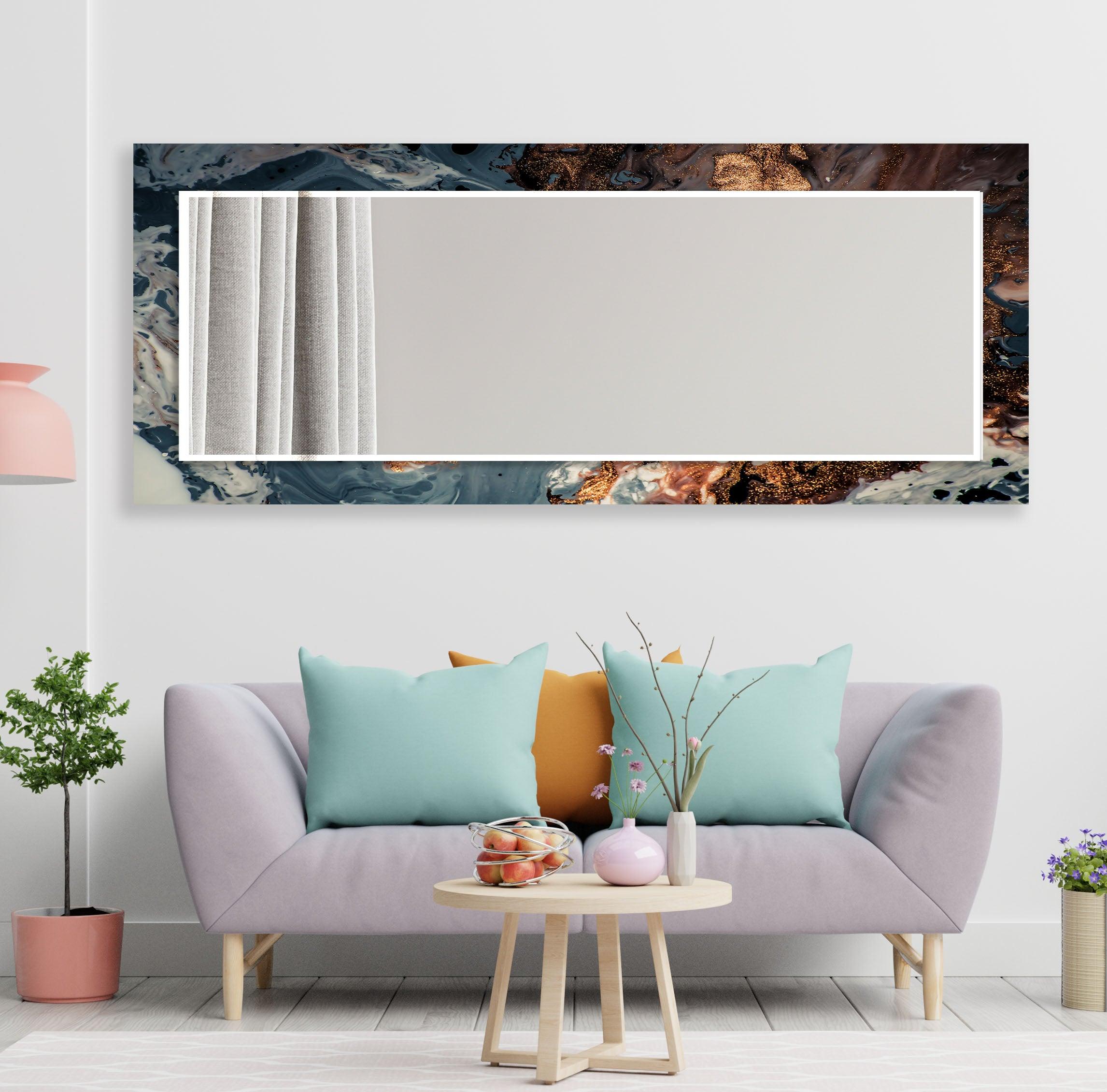 Blue Abstract Wall Mirror with Bronze Details - Modern Decorative Mirror for Living Room, Bedroom, or Entryway