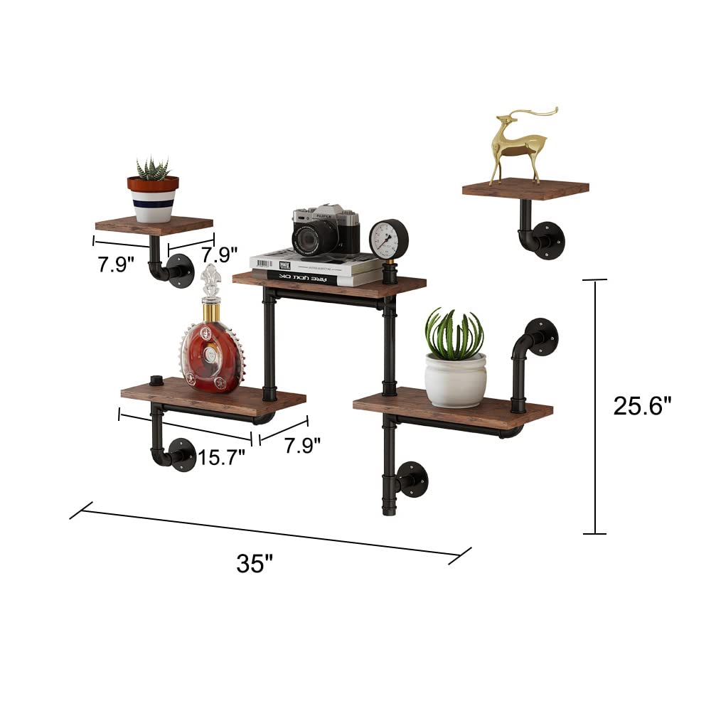 Industrial Pipe Shelving Set of 3 - Rustic Wall Mounted Floating Shelves with Wood Planks for Home Decor, Living Room & Office - Modern Ladder Shelf for Books, Plants & Display