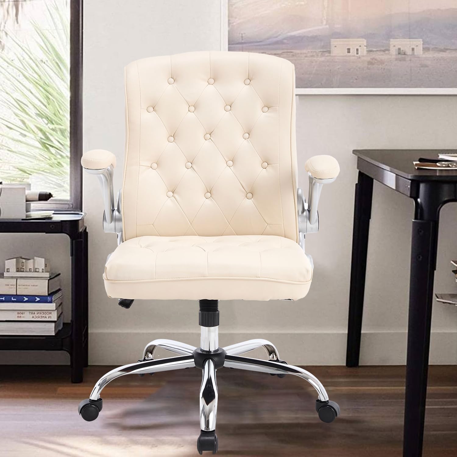 Modern Leather Office Chair - Ergonomic Mid-Back Executive Desk Chair with Flip-Up Arms, Swivel & Rocking Base, Wheels for Home Office | Comfortable Computer Task Chair for Work, Gaming & Conference Rooms