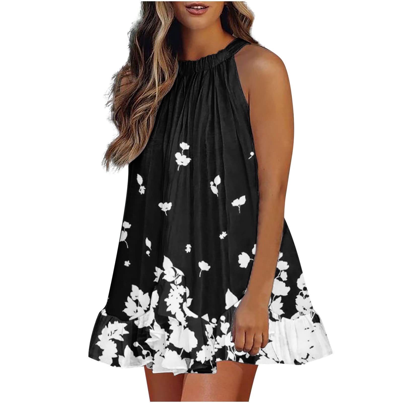2022 Summer Women's Sexy Halter Sleeveless High Waist Dress - Floral Print Party & Beach Wear for Evening Events, Vacations & Date Nights