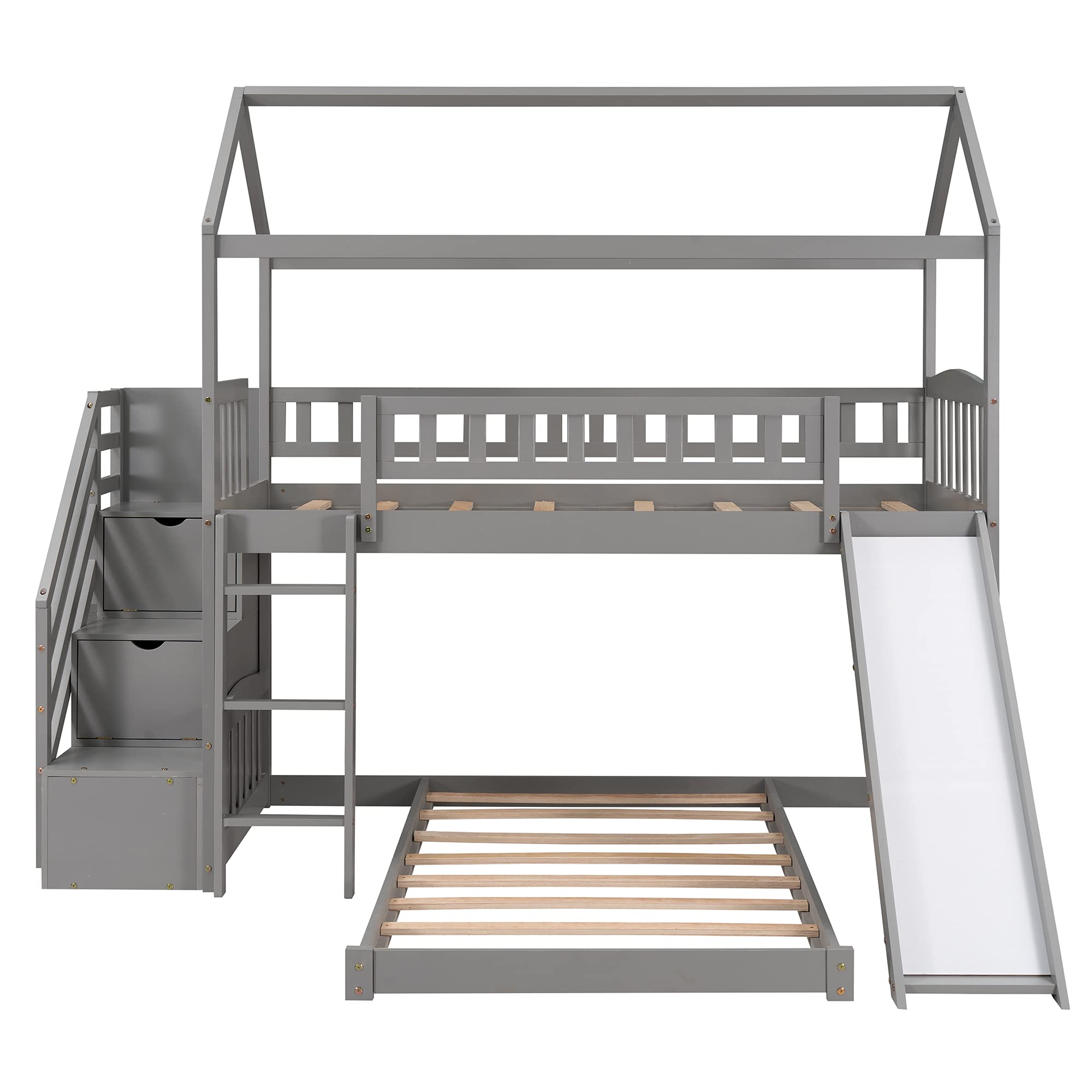 Quarte Twin Over Twin Bunk Bed for Kids & Teens - Solid Wood House Bed Frame with Storage Steps & Slide - Space-Saving Kids Bedroom Furniture (Gray + Pine) - Perfect for Small Rooms, Shared Kids Bedrooms & Vacation Homes