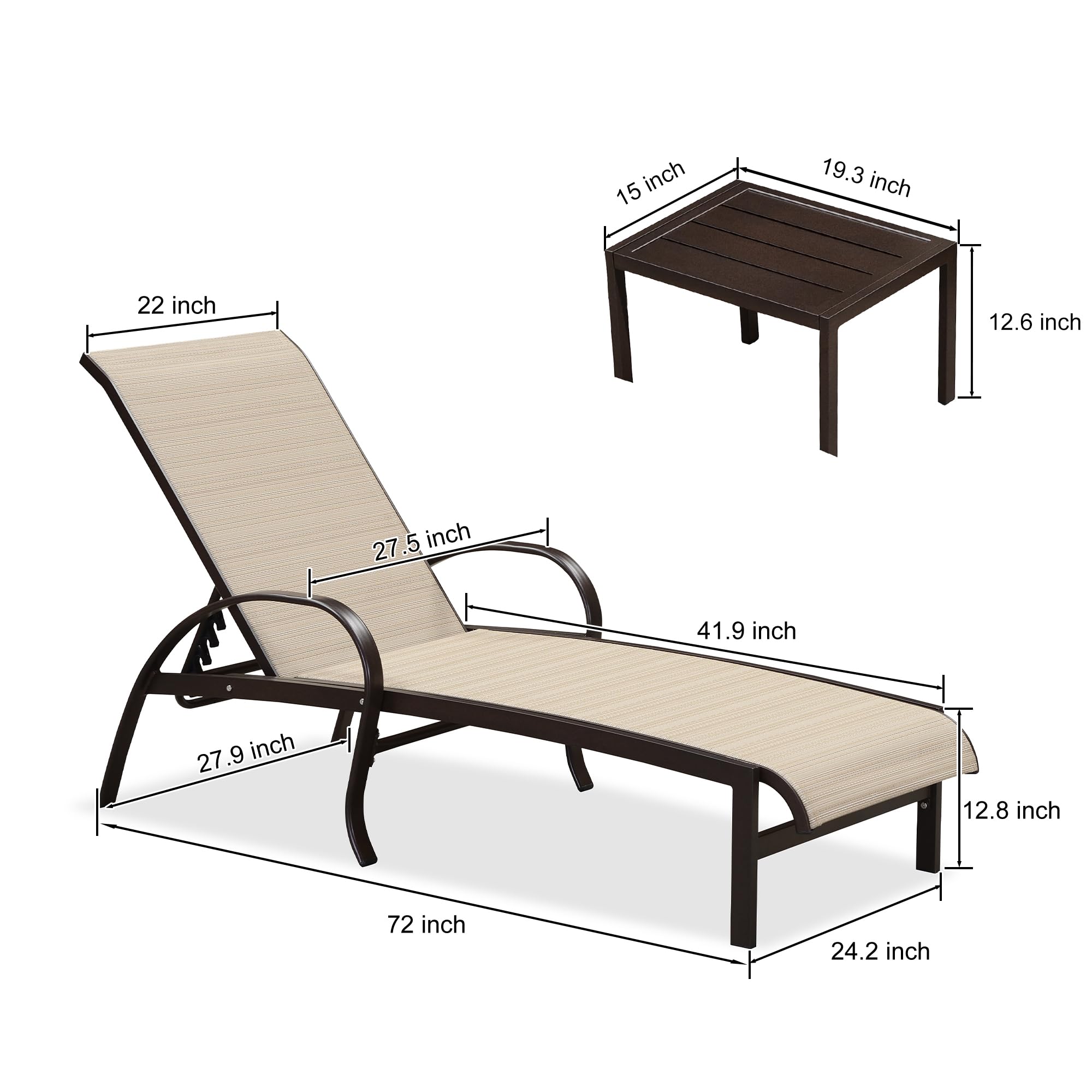 PURPLE LEAF Outdoor Chaise Lounge Chair Set of 3 - Patio Pool Loungers with Side Table, Adjustable Recliner in Light Khaki - Perfect for Backyard, Deck, Garden, Beach & Poolside Relaxation