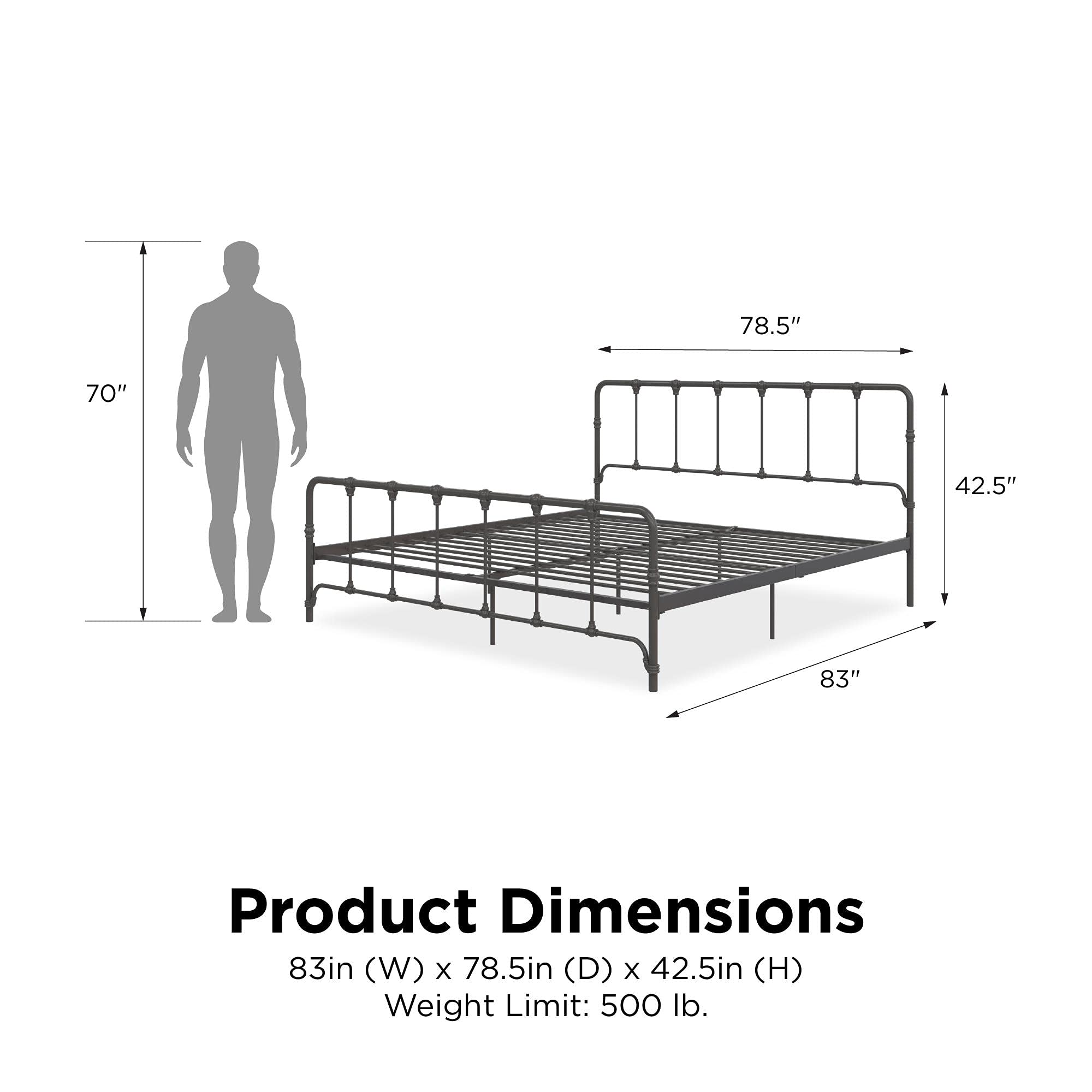 LikeHome Lida Farmhouse Metal Bed Frame with Under Bed Storage - King Size in Gunmetal Grey | Sturdy Platform Bed for Master Bedroom, Guest Room & Dormitory