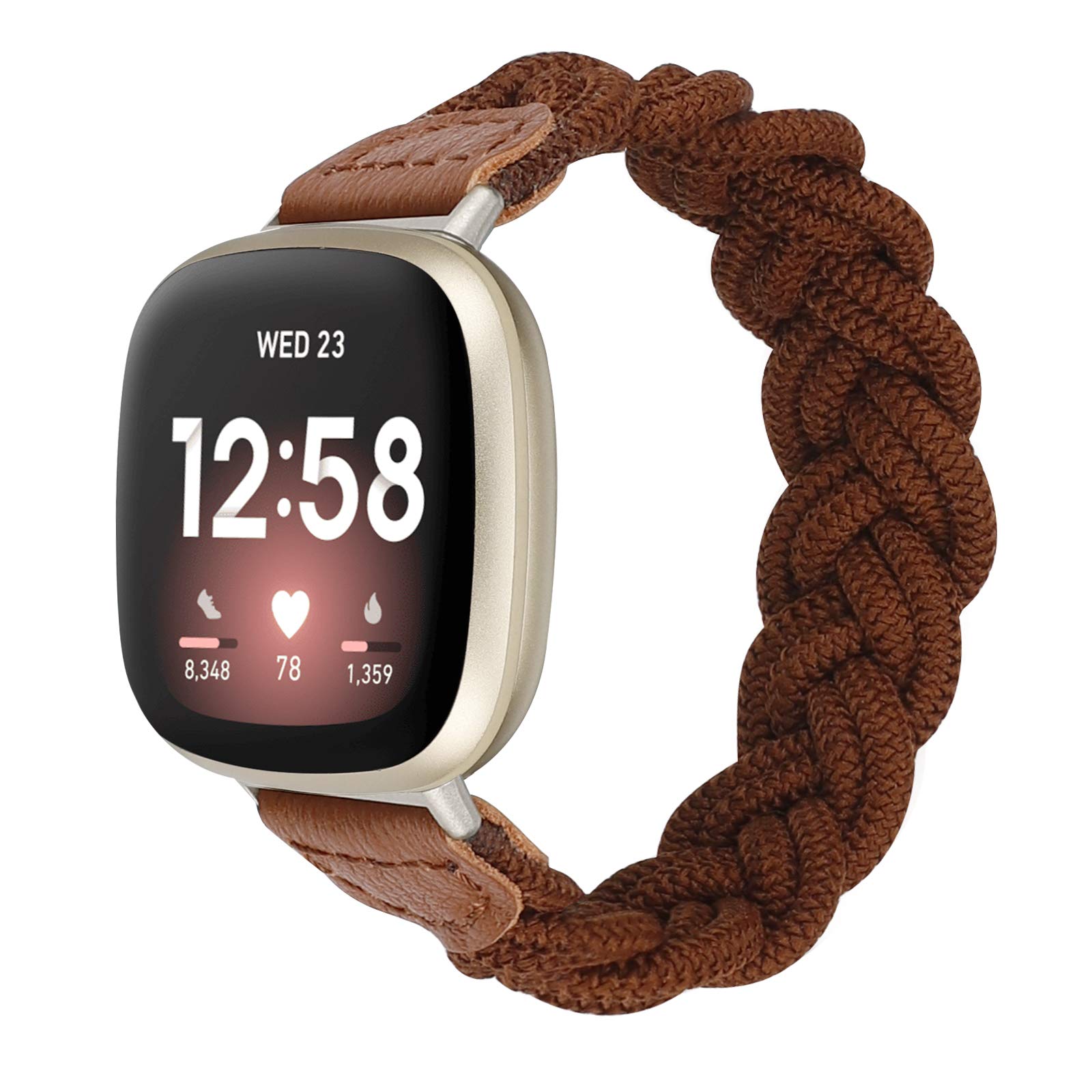Elastic Braided Solo Loop Strap for Fitbit Sense/Versa 3/Sense 2/Versa 4 - Slim Stretchy Woven Wristband Accessory for Women (Brown) - Perfect for Workouts, Running & Everyday Wear