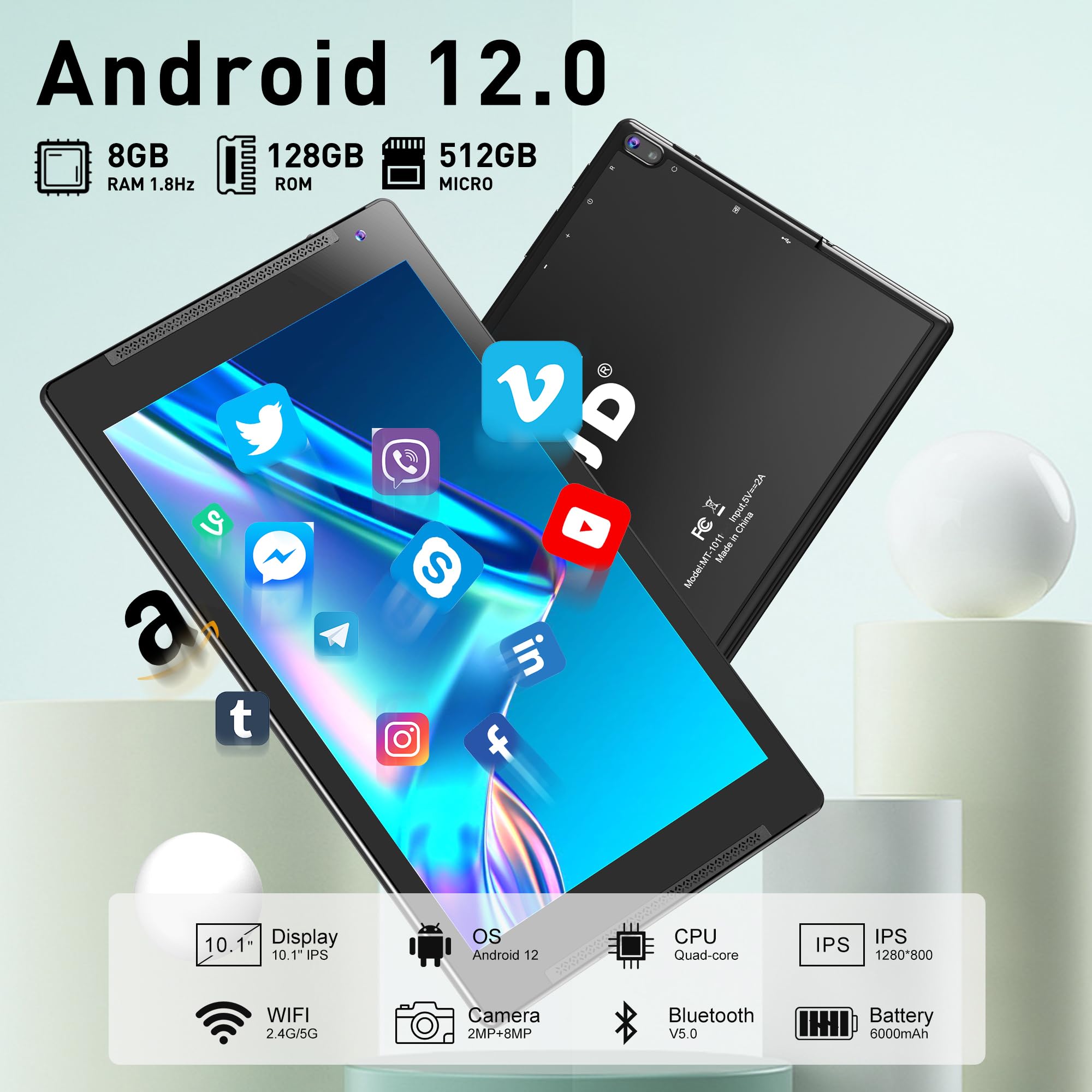 10 Inch Android 12 Tablet with 4+4GB RAM & 128GB ROM (Expandable to 512GB) - HD IPS Screen, Dual Camera (2MP+8MP), Wi-Fi, Bluetooth 5.0, 6000mAh Battery - Perfect for Work, Study, Entertainment & Travel (Gray)