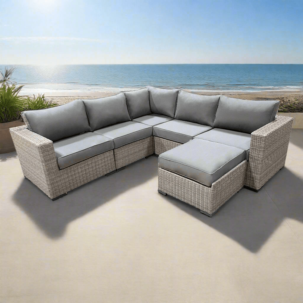 Riviera Outdoor Patio Wicker Corner Sectional Sofa Set with Ottoman - Grey Sunbrella Canvas Charcoal Cushions | Weather-Resistant All-Weather Wicker Furniture for Poolside, Garden & Backyard Relaxation