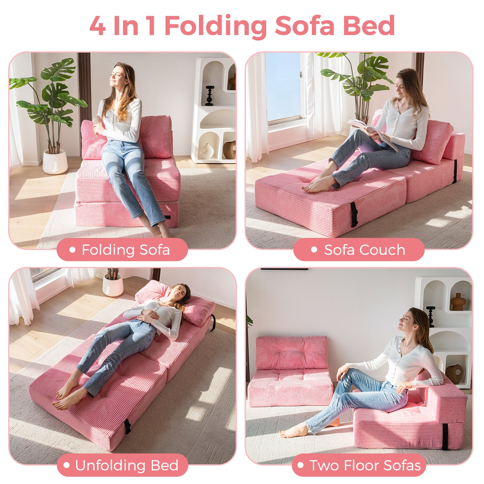 MAXYOYO Convertible Folding Sofa Bed - Comfortable High Density Support Foam for Living Room, Bedroom & Small Spaces (Pink) | Perfect for Guest Sleeping, Studio Apartments & Cozy Lounging