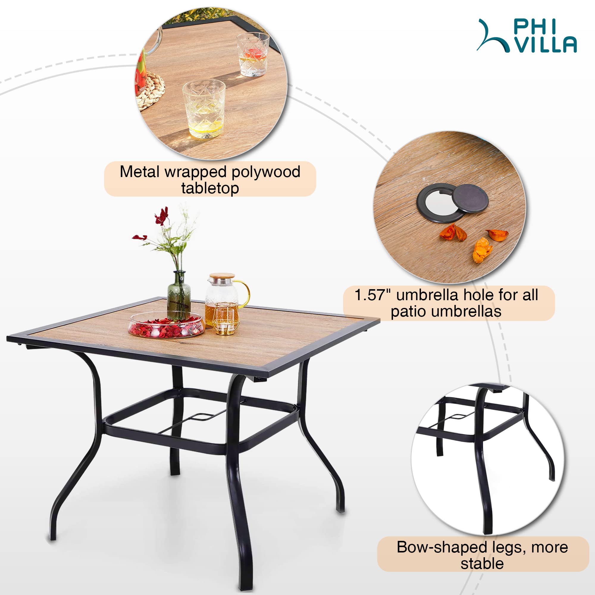 PHI VILLA 5-Piece Outdoor Patio Dining Set with Swivel Chairs & Wood-Like Table - Includes Cushions & Umbrella Hole - Perfect for Backyard, Garden, Bistro & Poolside Dining
