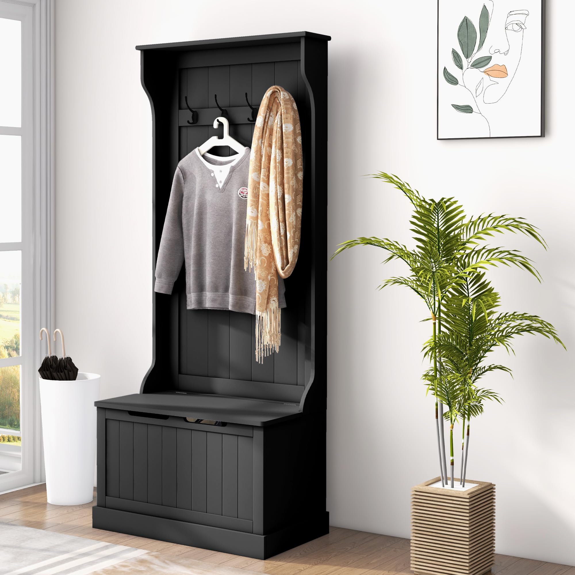 HOMCOM 3-in-1 Hall Tree with Shoe Storage & Coat Rack | Entryway Organizer with Bench & 4 Hooks | Space-Saving Black Entryway Furniture for Small Apartments & Mudrooms | Perfect for Organizing Shoes, Coats & Bags in Home Entryways