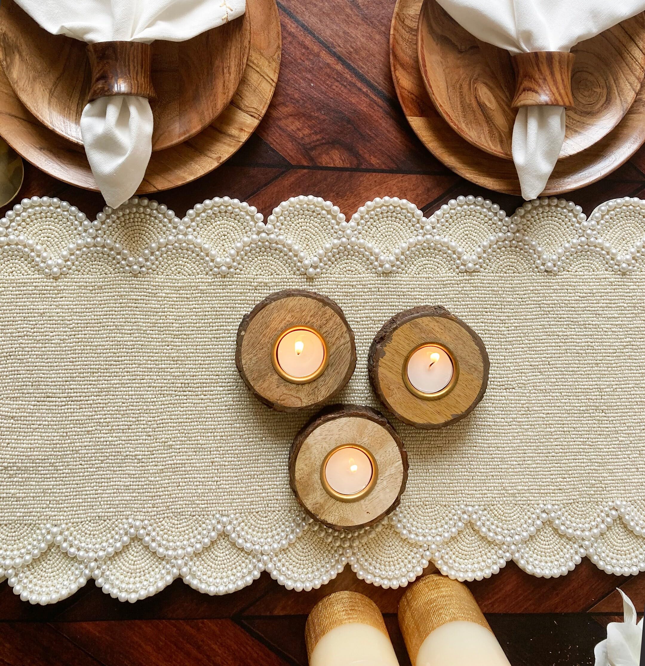 Handmade Beaded Table Runner - Pearl White Wedding Decoration - 13x36 Inch Elegant Dining Table Decor for Weddings, Parties & Home Decor