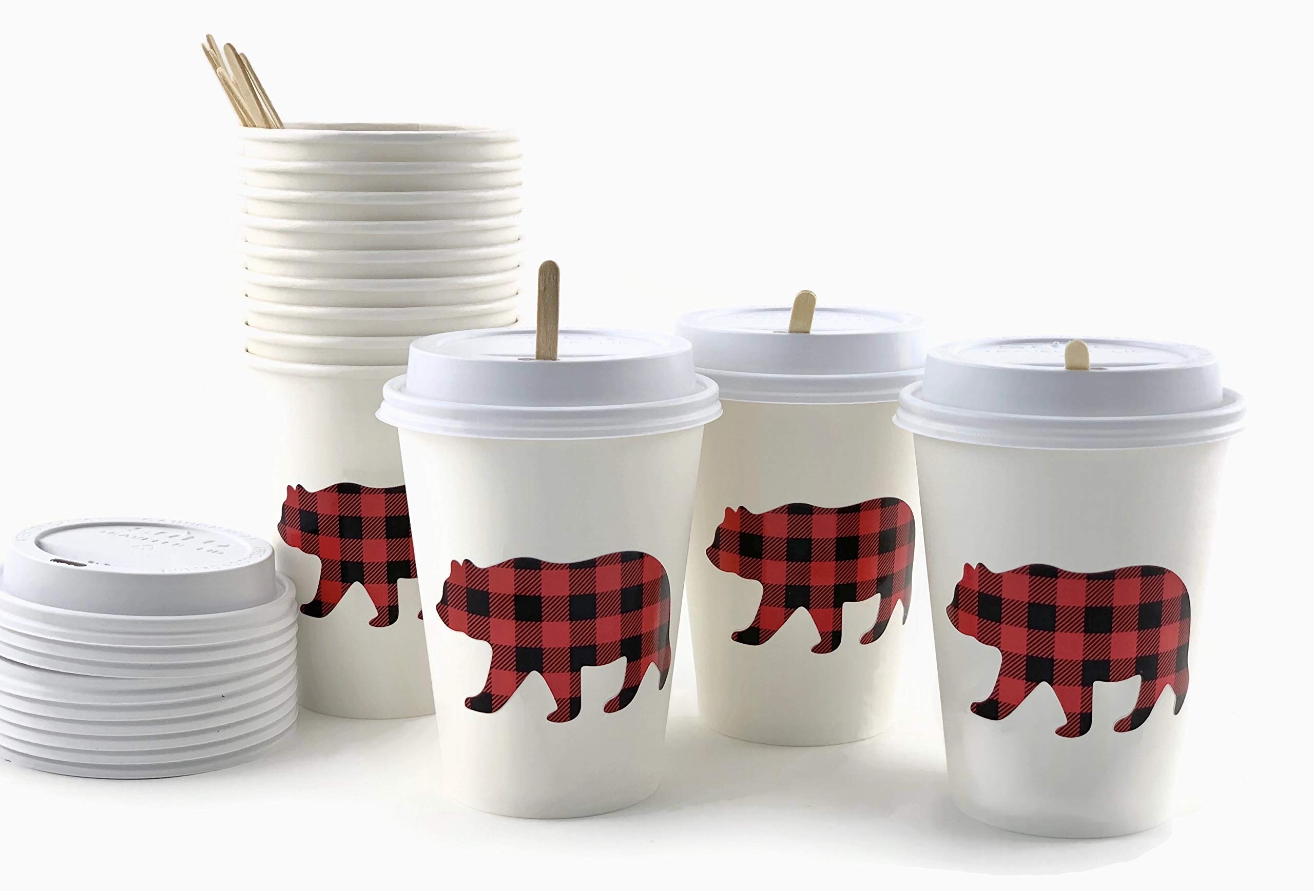 Buffalo Plaid Bear Lumberjack Party Paper Cups with Lids and Stirrers - 12 Pack Disposable Cups for Christmas, Camping, BBQ, and Outdoor Gatherings