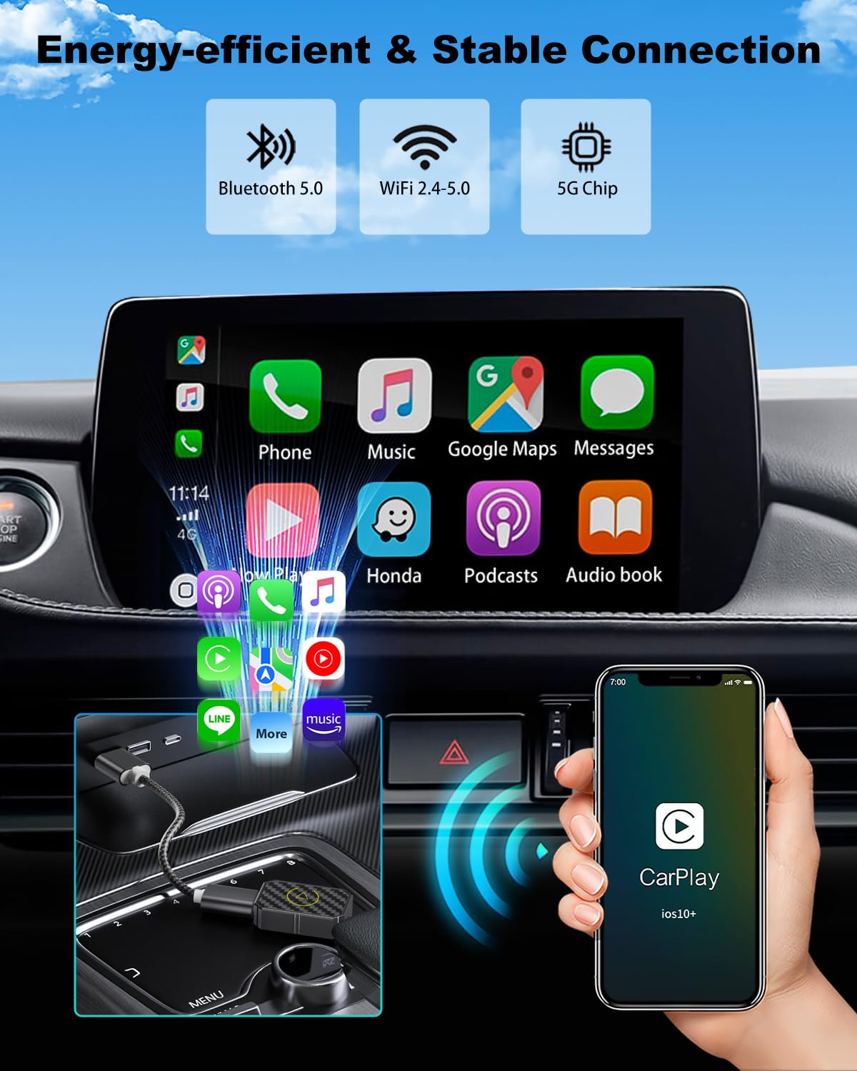 2024 Upgraded Mini Wireless CarPlay Adapter for iPhone - Plug & Play CarPlay Dongle Converts Wired to Wireless, Low Latency, Fast & Stable Connection for iOS 10+ (Perfect for Commuting, Road Trips & Hands-Free Driving)