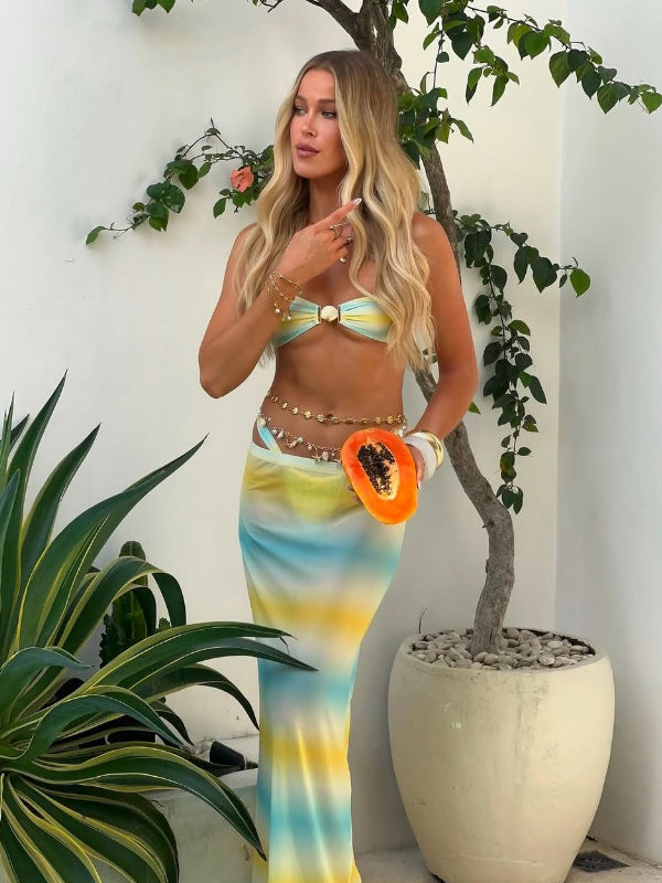 ZASUWA Women's Sexy Tie-Dye Shell Mesh 3 Piece Bikini Set - Beachwear, Pool Party, Summer Vacation Swimwear