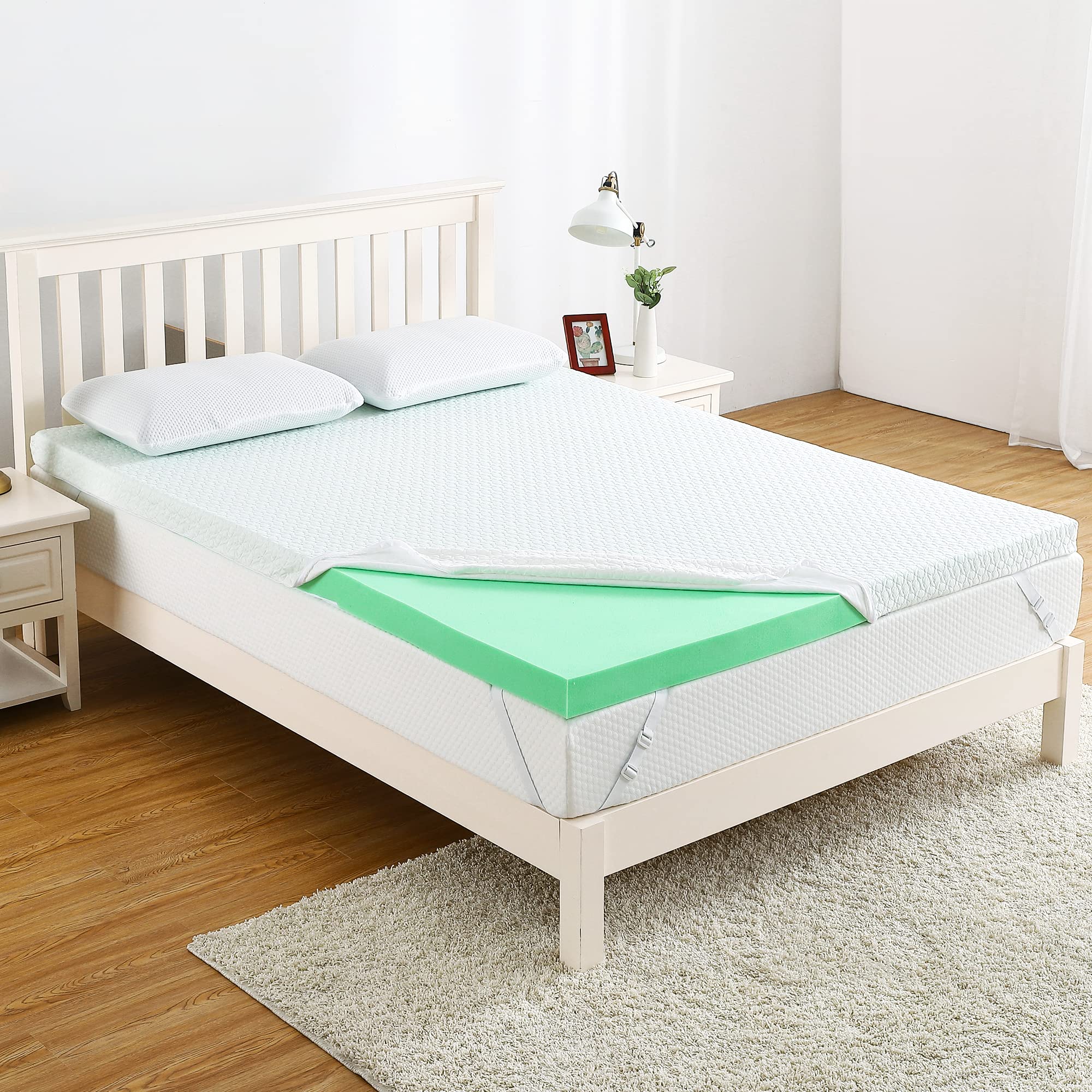 Homhougo 4 Inch Green Tea Memory Foam Mattress Topper King Size with Zippered Bamboo Cover - Cloud-Like Soft Support for Back Pain Relief | Perfect for Bedroom, Guest Room & Dorm | Hypoallergenic & Pressure Relief