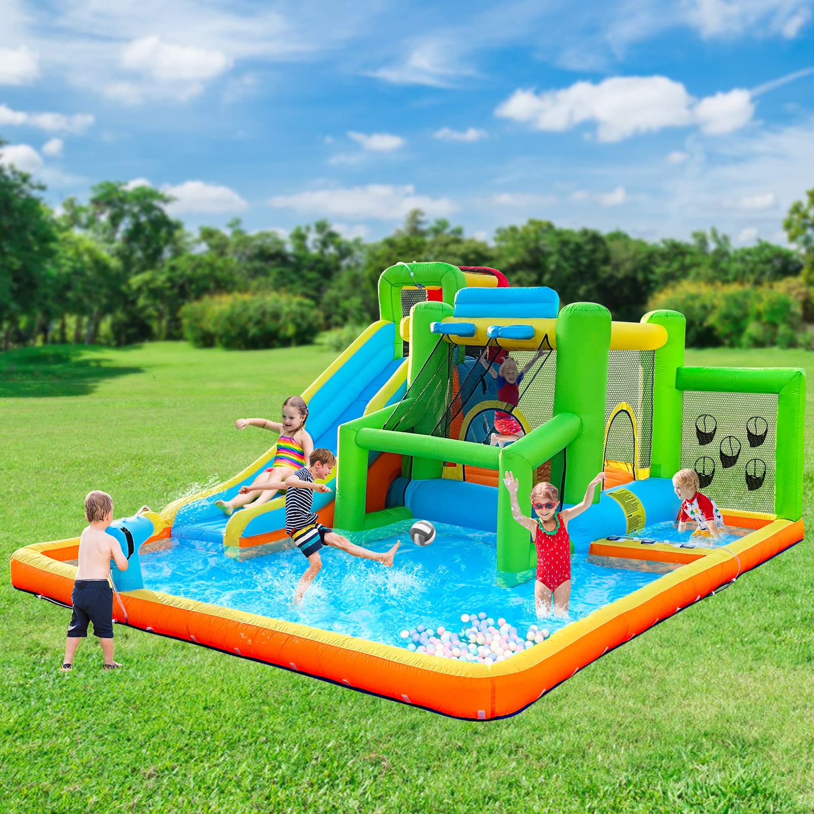 FBSPORT 9-in-1 Inflatable Bounce House Water Slide with 550W Blower - Kids Indoor/Outdoor Bouncy Castle with Ball Shooting, Water Gun, Splash Pool & Bounce Area | Perfect for Birthday Parties, Backyard Fun & Summer Water Play