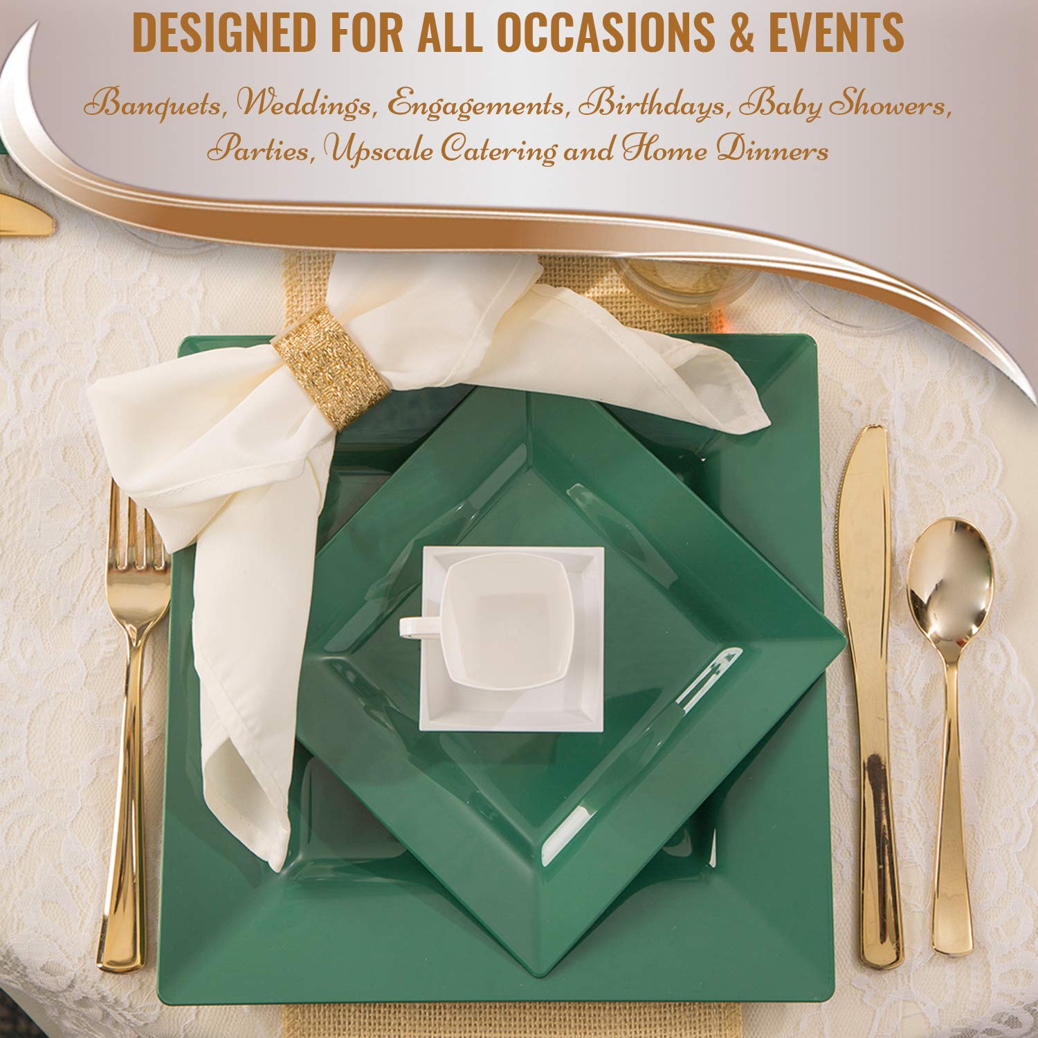 Smarty Had A Party Elegant Disposable Plastic Dinnerware Set - Heavy Duty Plastic Plates for 120 Guests, Green Combo Plate Set | Perfect for Weddings, Parties, Catering & Outdoor Events