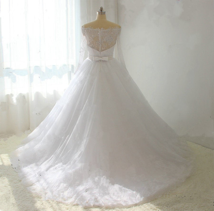 Elegant A-Line Off-The-Shoulder Long Sleeve Wedding Dress with Lace Appliques - Perfect for Bridal, Formal Events & Romantic Photoshoots