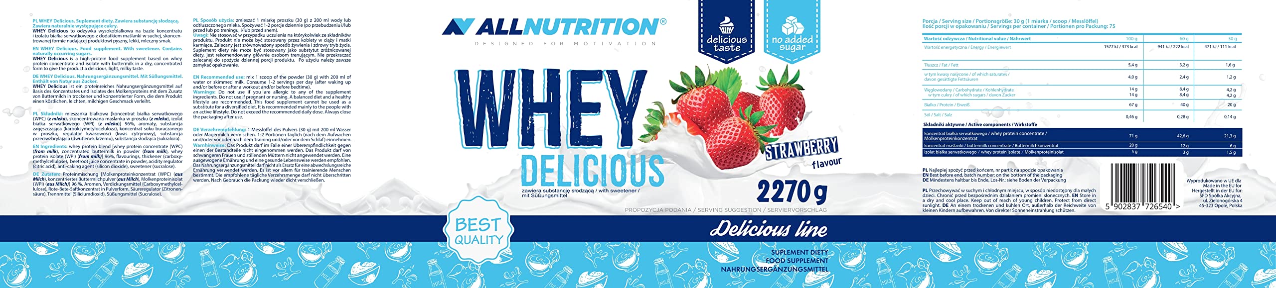Allnutrition Whey Delicious Strawberry Protein Powder - 2270g (5 lbs) for Muscle Recovery & Post-Workout Shakes | Gym Supplement for Athletes & Fitness Enthusiasts