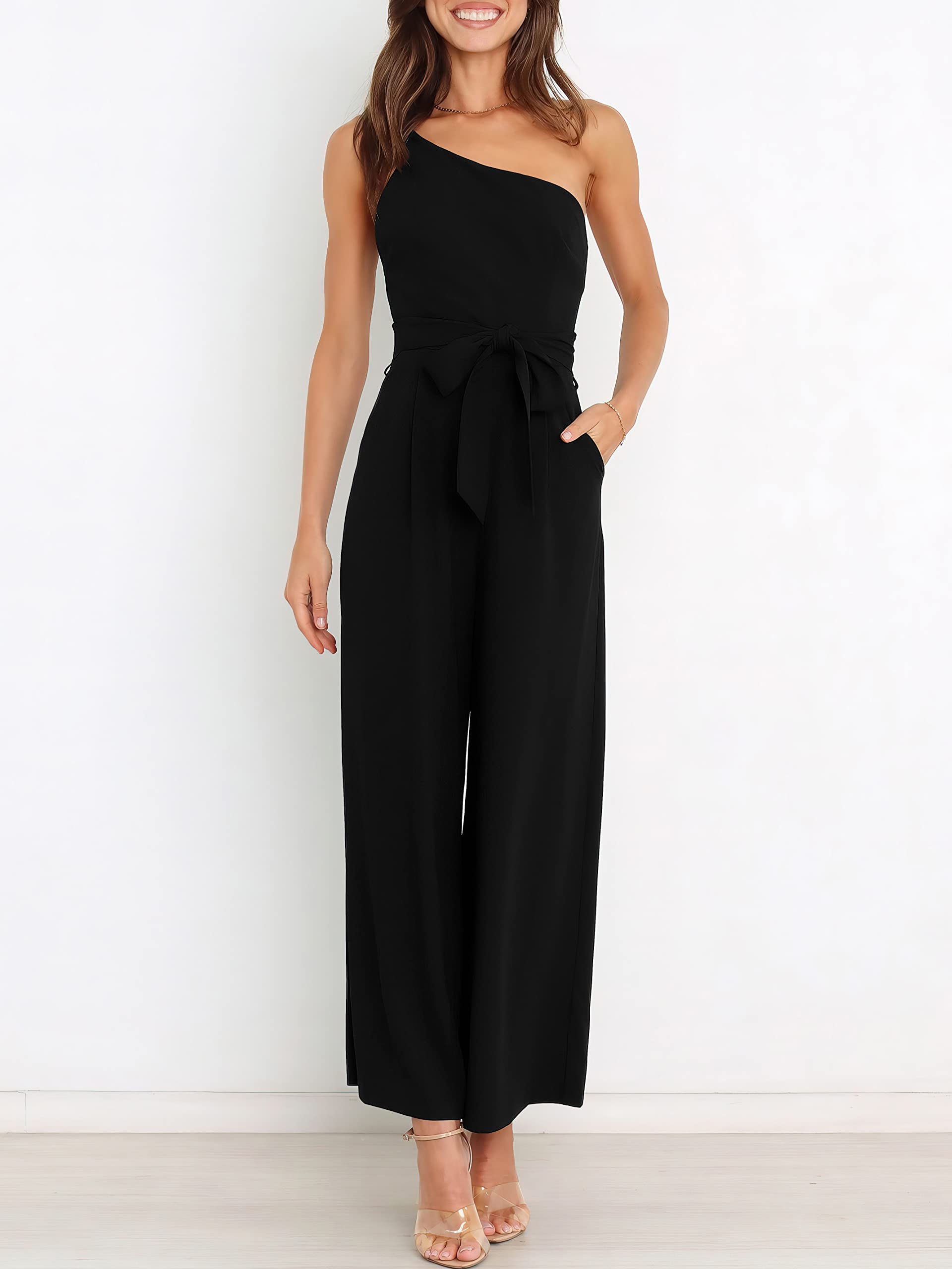 ANRABESS Women's One Shoulder Sleeveless Jumpsuit - Summer Wide Leg Romper with Belt | Casual Dressy Outfit for Beach, Party & Vacation | Trendy 2025 Fashion