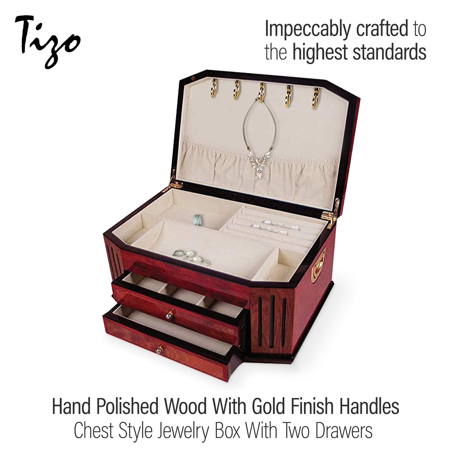 Elegant Polished Wood Jewelry Box with 2 Drawers & Gold Finish Handles - Perfect for Organizing Necklaces, Rings & Earrings - Great Gift for Women & Jewelry Storage Solution