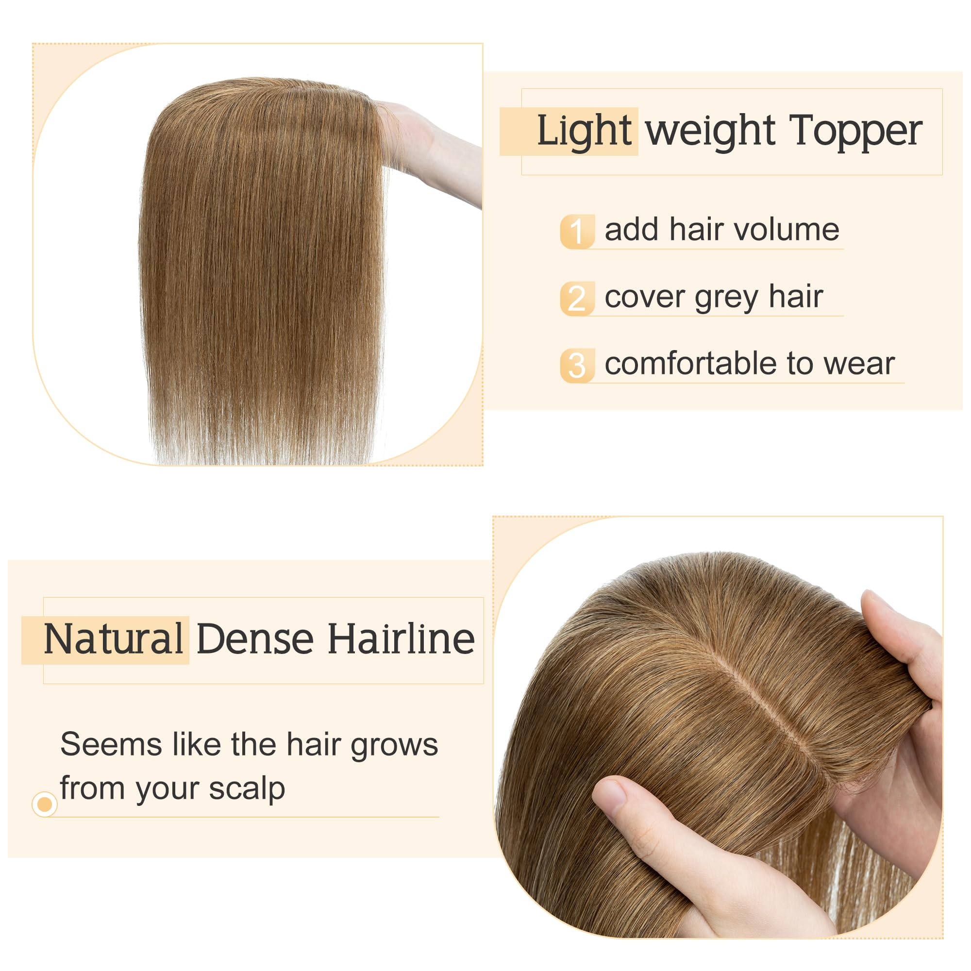 SEGO 100% Real Human Hair Toppers for Women with Thinning Hair - 7x13cm Silk Base Clip-in Top Wiglet, 18 Inch No Bangs Light Brown - Perfect for Daily Wear, Parties & Special Occasions