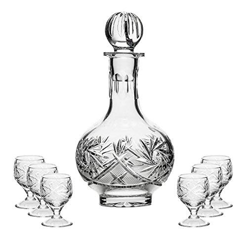 Premium Russian Vodka Set - 12 Oz Cut Crystal Carafe Decanter & 6 Short Stem Shot Glasses - Elegant European Crystal Barware for Home Entertaining, Parties & Gifts