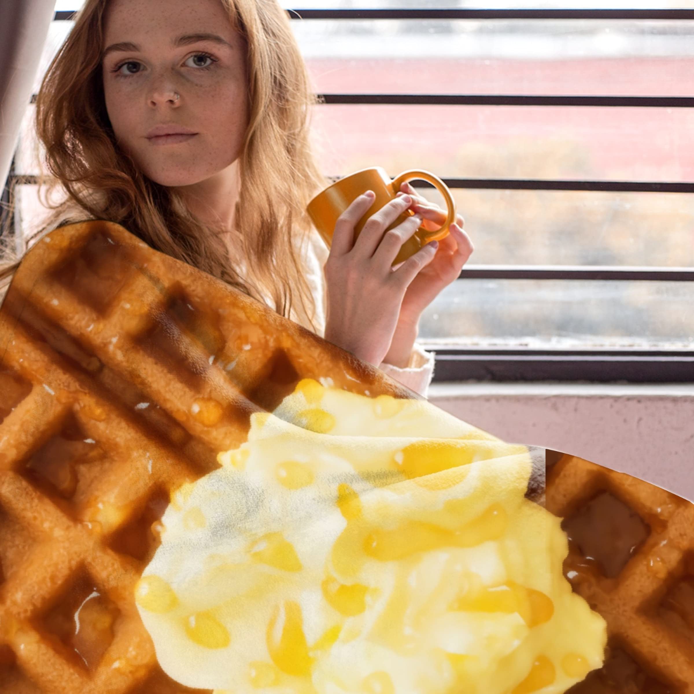 Waffles Blanket - Funny Food Texture Flannel Throw Blanket | Ultra Soft & Comfortable | Novelty Gift for Family & Friends | Perfect for Bed, Couch, Travel & Camping - 90