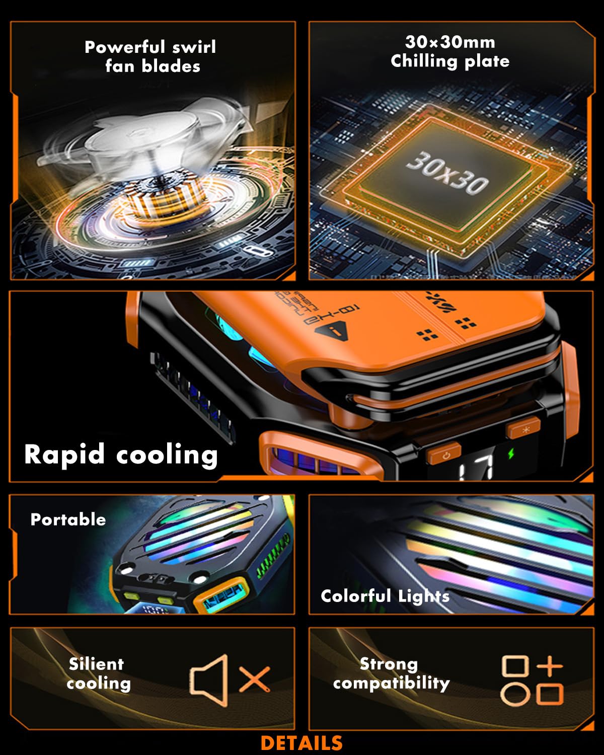 Rechargeable Magnetic Phone Cooler with RGB LED & Temperature Display - Semiconductor Cooling Fan for Mobile Gaming, TikTok Live Streaming, and Extended Phone Use (Orange)