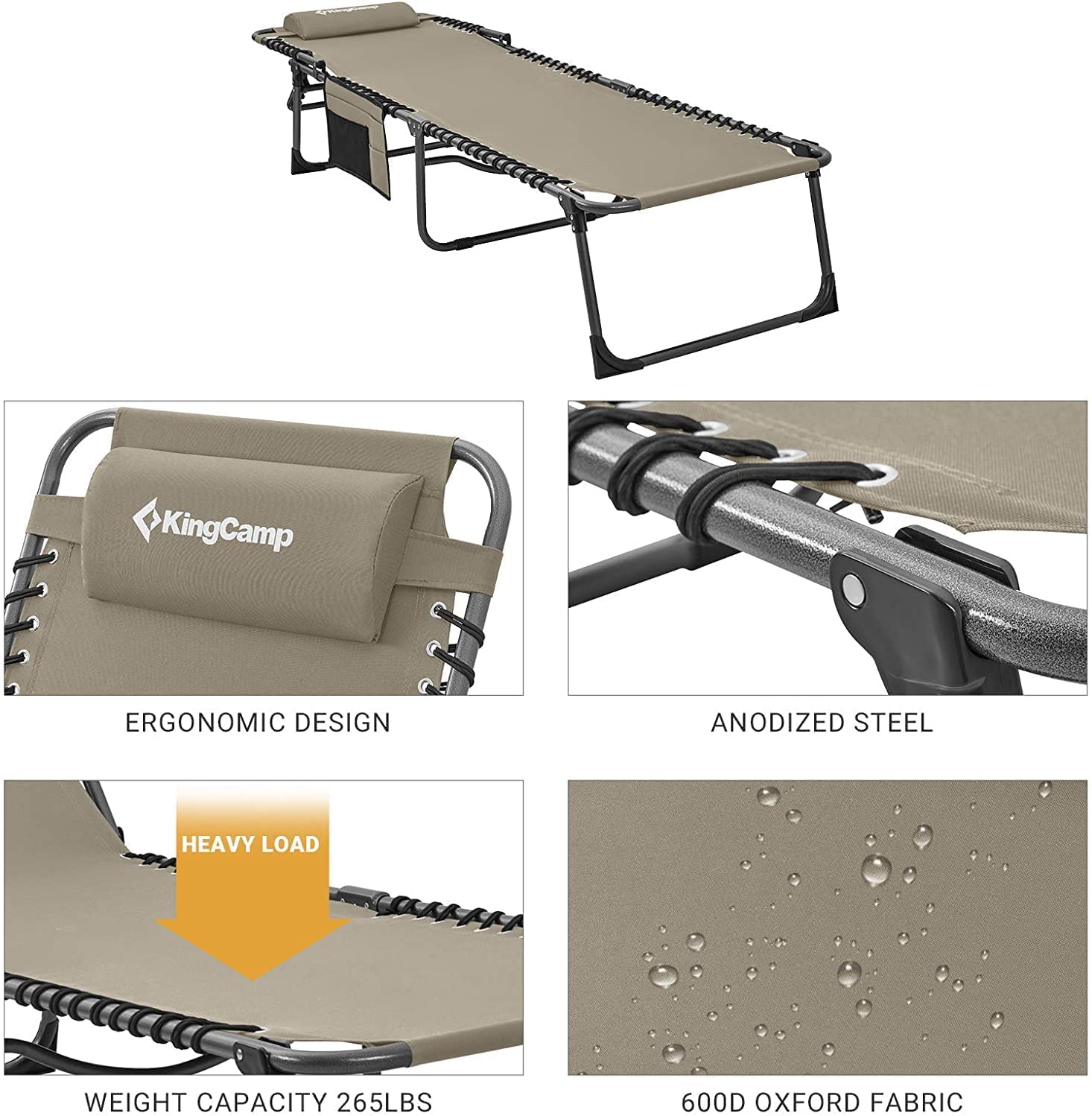 KingCamp Foldable Chaise Lounge Chair - Heavy Duty Portable Outdoor Sun Chair for Camping, Beach, Pool, Garden & Patio - Adjustable Recliner with Pillow, Lightweight for Easy Transport - Perfect for Sunbathing, Relaxing in Backyard or Travel
