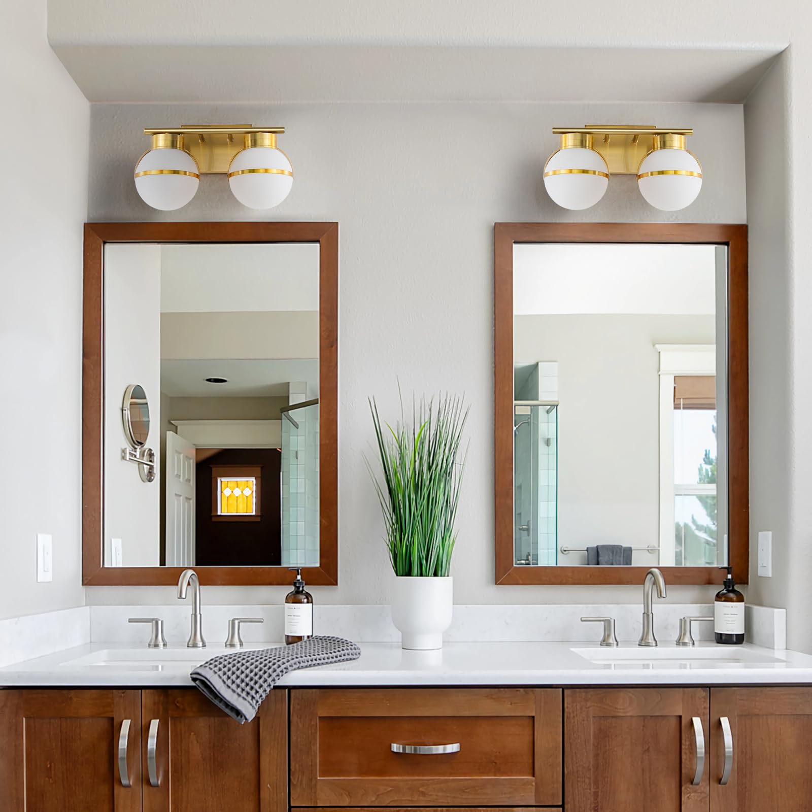 Gold Bathroom Vanity Light Fixture - 2 Light Modern Vanity Lighting with Frosted Glass Shades & Metal Base (15.2 inch) - Perfect for Bathroom, Powder Room & Dressing Area - Excludes E26 Bulb