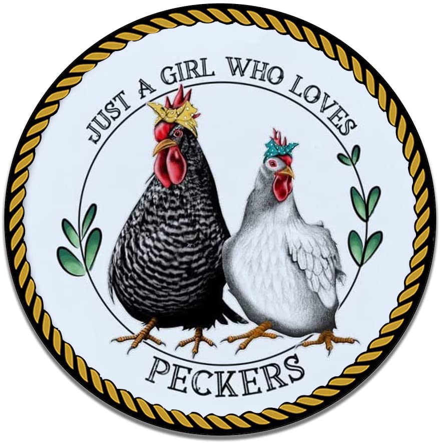 Vintage Round Metal Tin Sign - Funny 'Just a Girl Who Loves Peckers' Chicken Coop Decor | Rustic Wall Art for Home, Bar, Cafe & Outdoor Spaces | 12x12 Inch Retro Tin Panel - Perfect Gift for Poultry Lovers