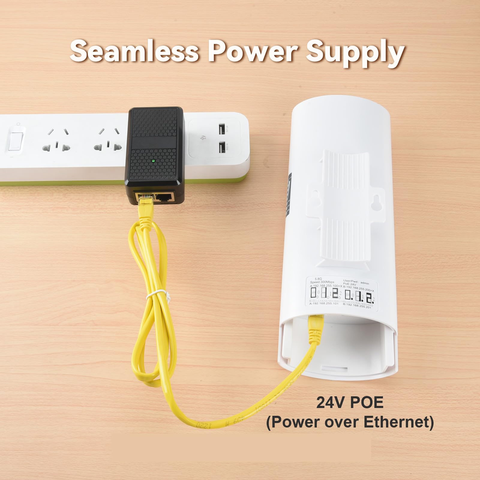 Soshine 5.8G 300Mbps Wireless Bridge Kit with Mounts - Long Range 3KM Point to Point Outdoor WiFi Extender for Shop, Barn, Garage & Building | Plug & Play with 24V PoE Injector & 2 RJ45 Ports (2-Pack) - Perfect for Remote Offices, Farm Connectivity & Surveillance Systems
