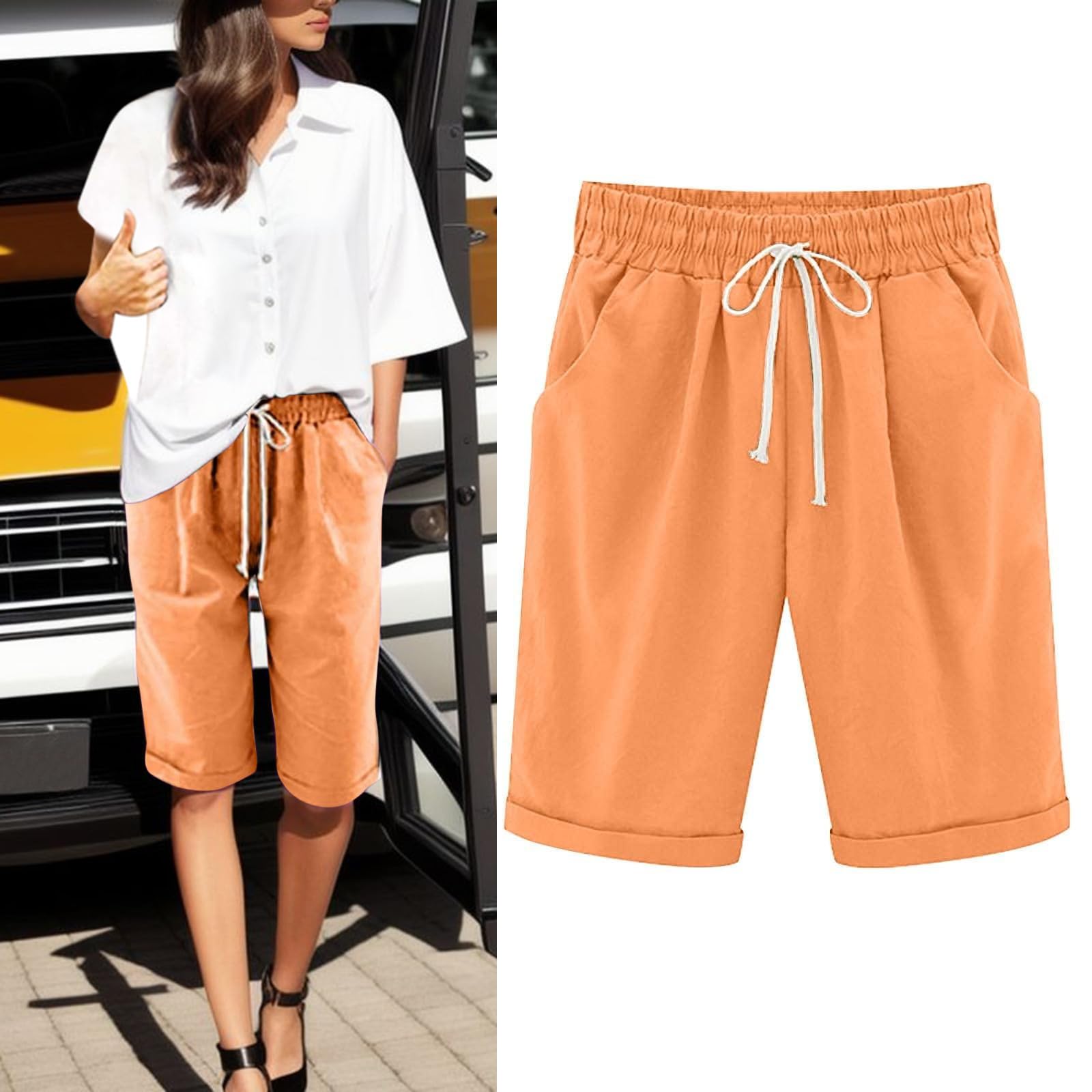AMDBEL Women's Stretch Bermuda Shorts - High Waist Athletic Pockets for Walking & Summer