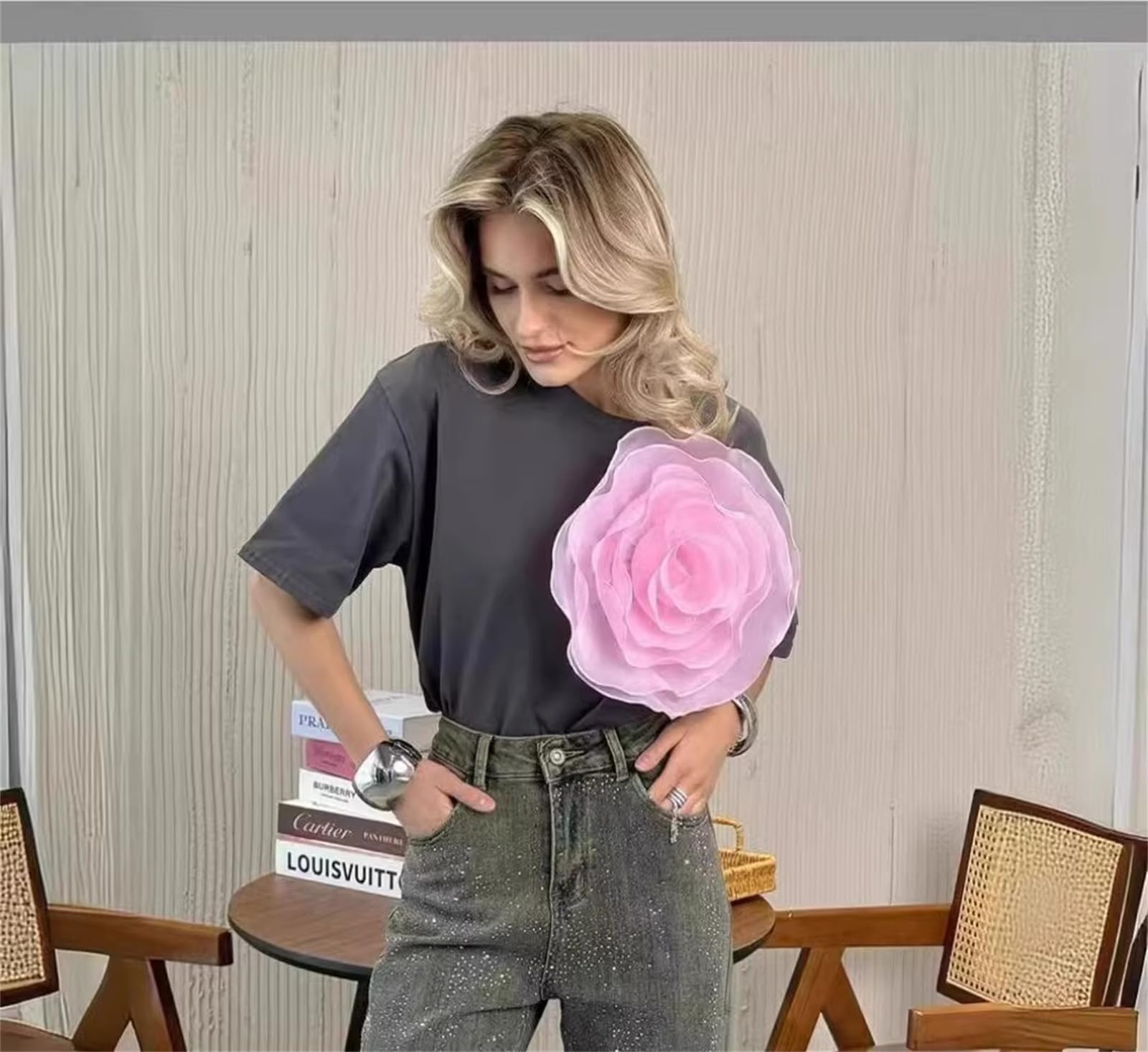 KM2-FLOWER Women's Short Sleeve T-Shirt with 3D Floral Print - Elegant Blouse for Casual Wear, Party & Date Night Outfits