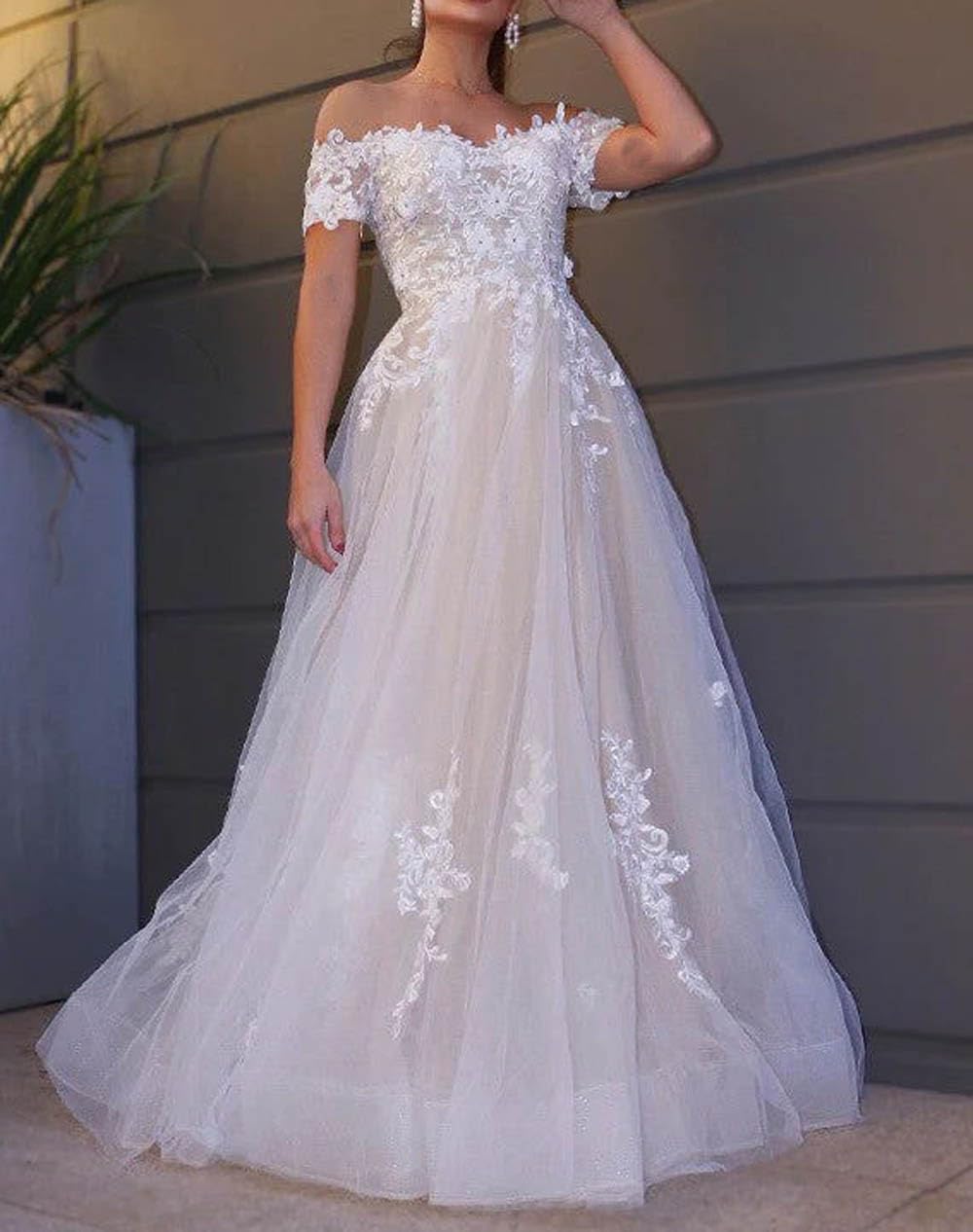 Elegant Sleeveless Lace Applique A-Line Off Shoulder Wedding Dress for Women - Long Formal Evening Gown for Bridal, Prom, Cocktail Party & Special Occasions
