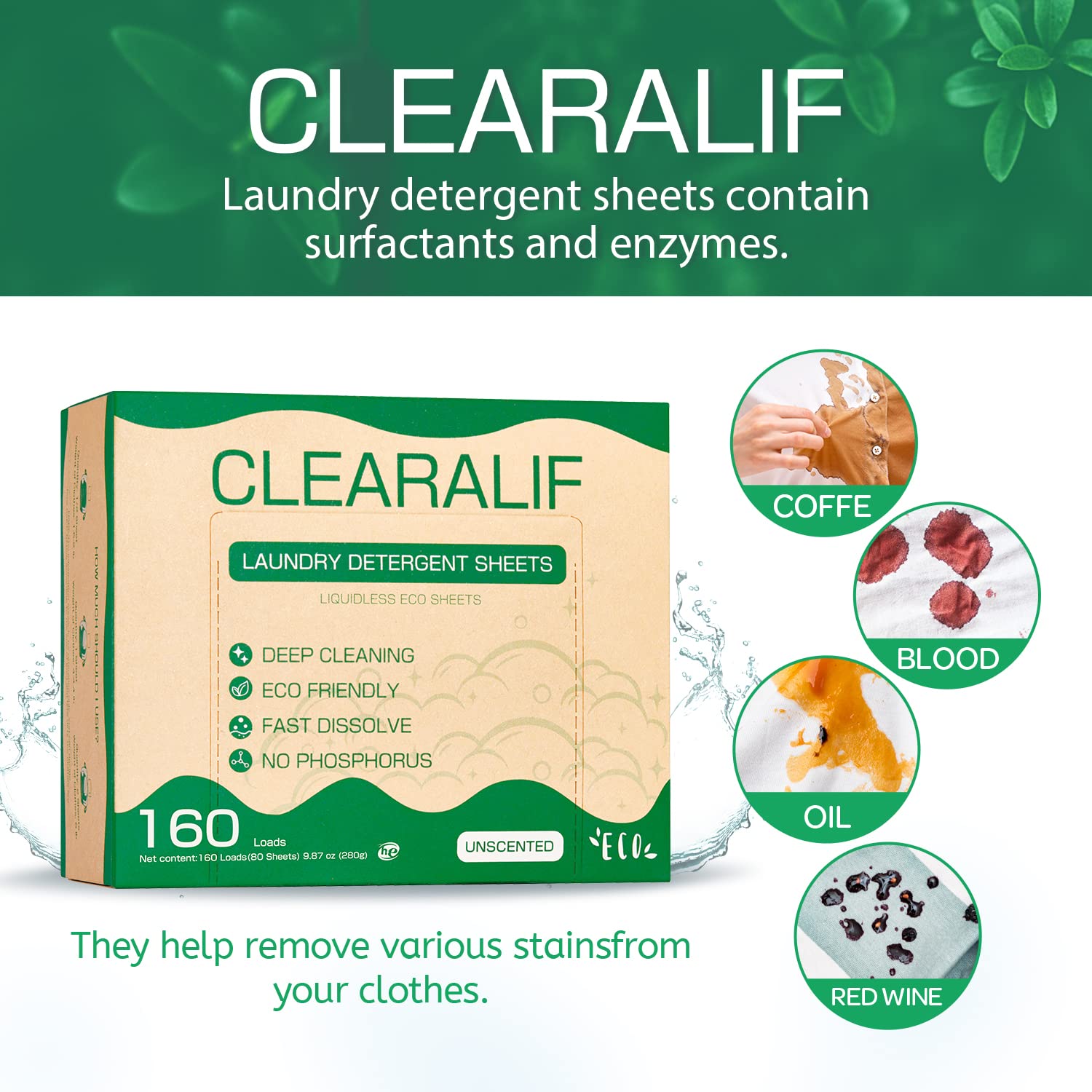 Eco-Friendly CLEARALIF Laundry Detergent Sheets - 80 Sheets (160 Loads), Unscented & Hypoallergenic, Biodegradable Laundry Strips for Sensitive Skin - Perfect for Travel, Camping & Everyday Use