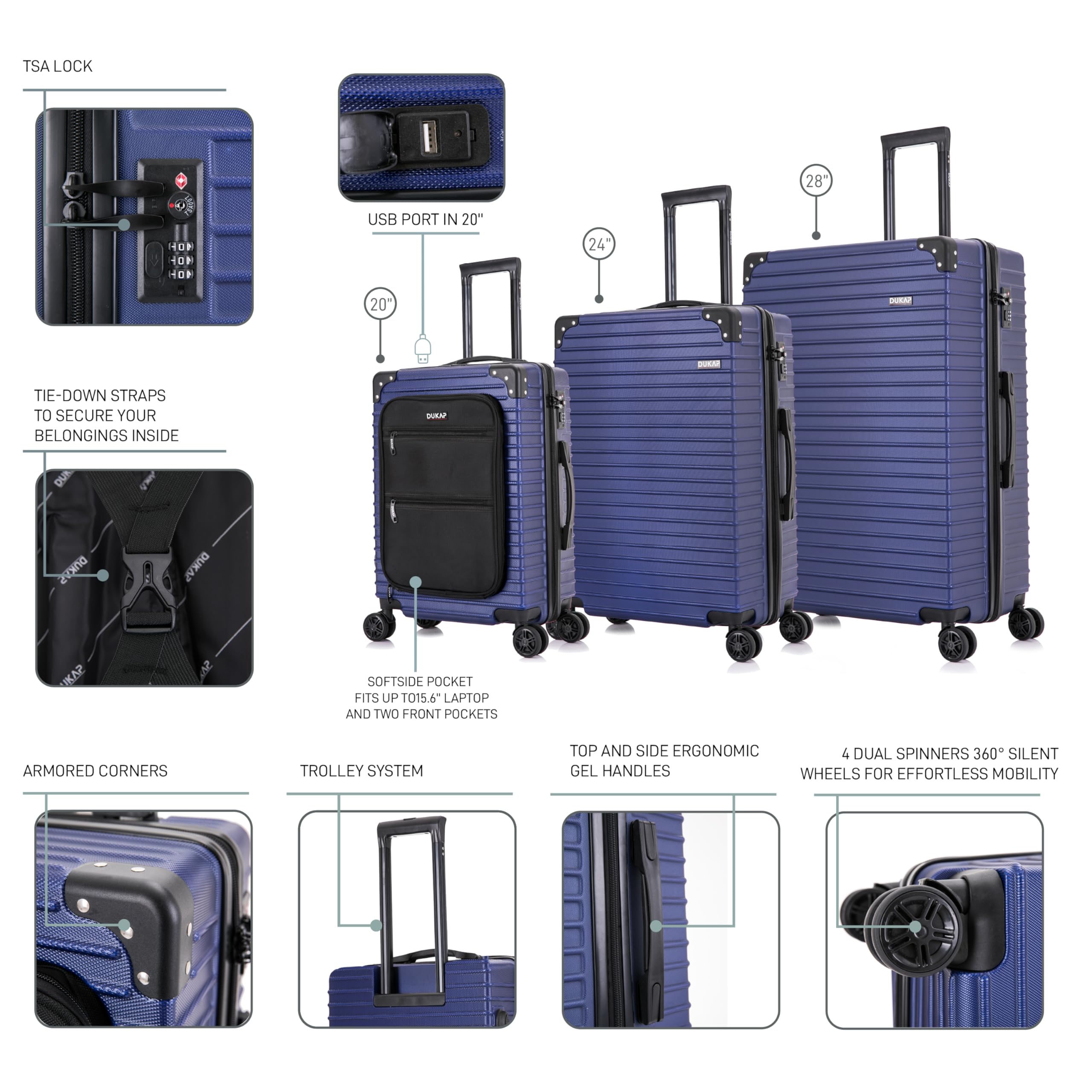 DUKAP TOUR 3-Piece Hardside Luggage Set with 360° Spinner Wheels - 20/24/28 Inch TSA Lock Suitcases with Ergonomic Gel Handle for Smooth Travel | Perfect for Business Trips, Family Vacations & International Travel (Blue)