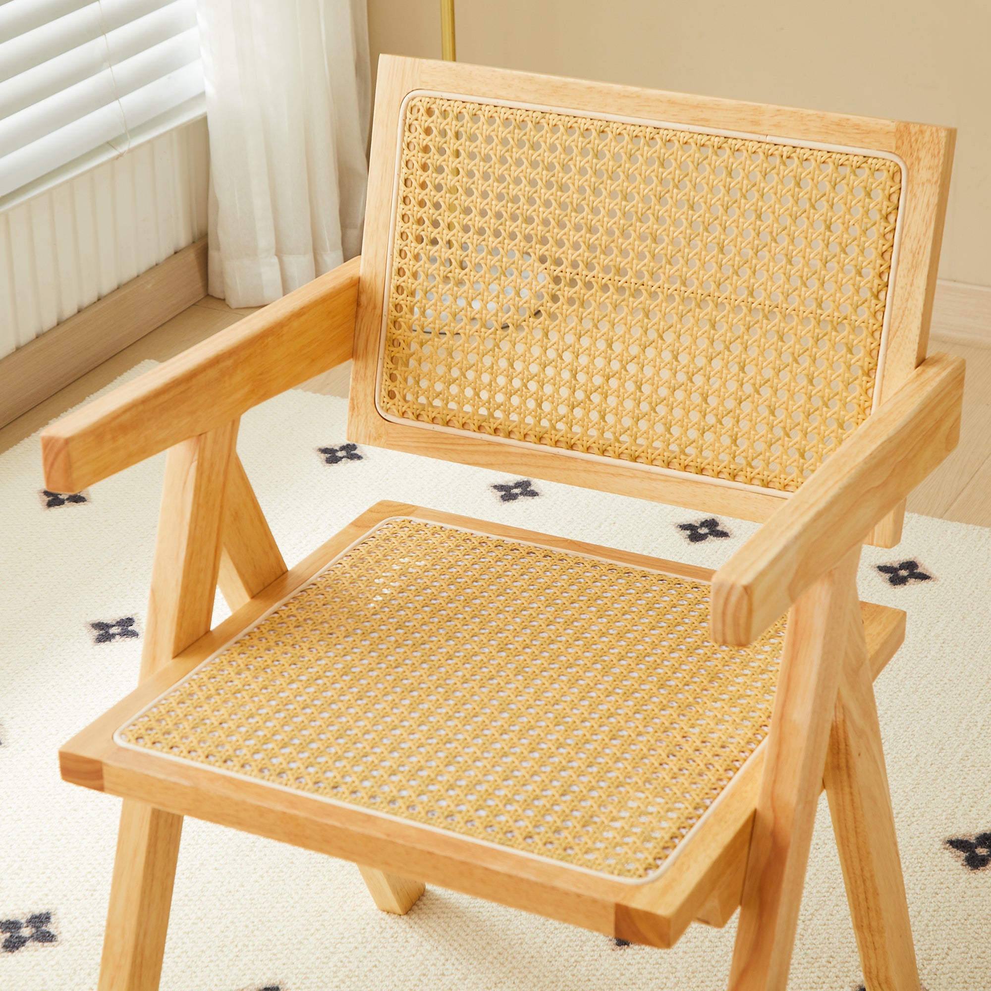 Solid Wood Dining Chairs with Armrests - Natural Rubber Wood & Rattan Woven Design for Kitchen, Dining Room, or Outdoor Patio