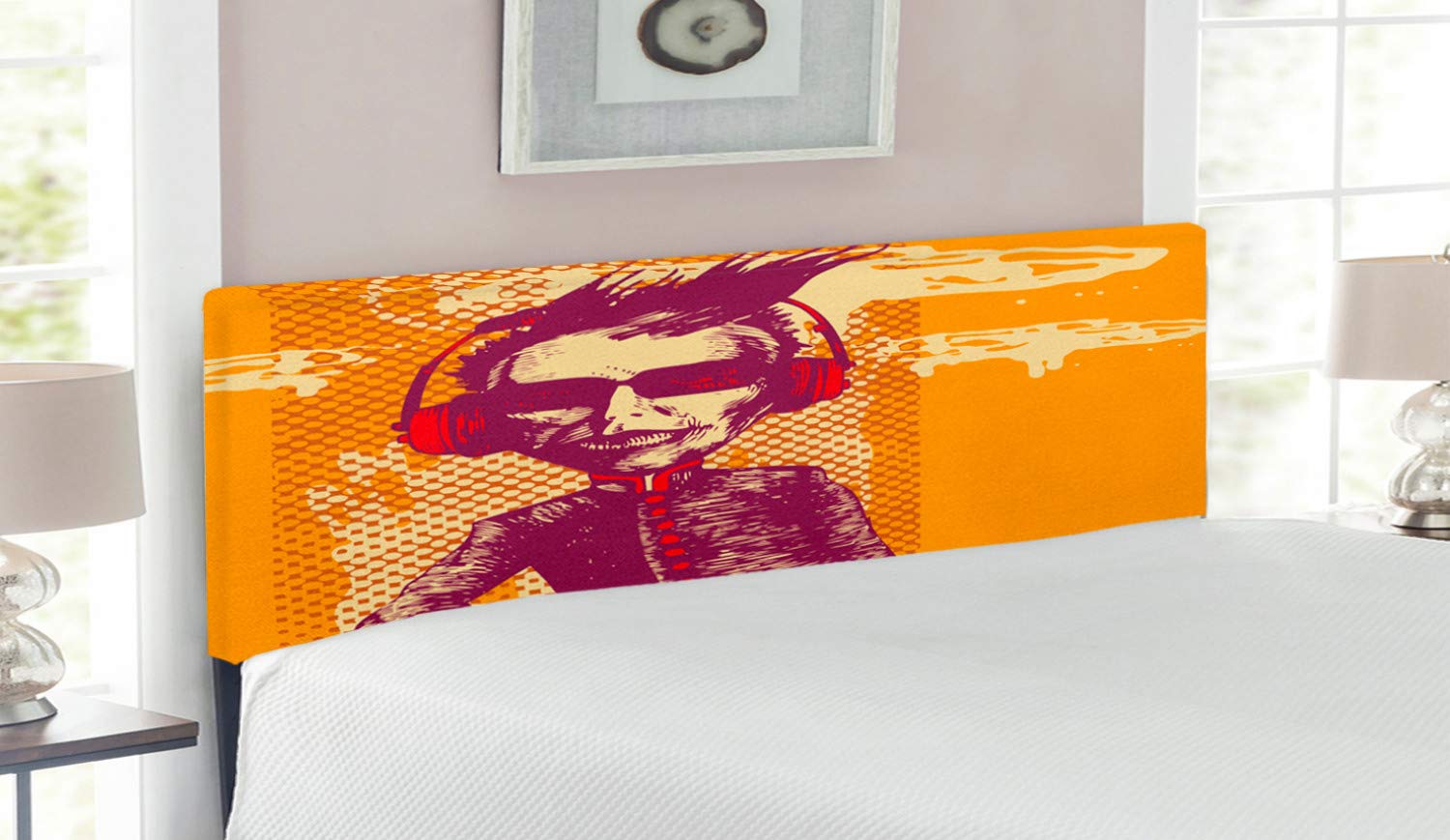 Ambesonne Modern Upholstered Headboard with Memory Foam - Grotesque Man in Headphones Music Culture Grunge Art Design - Queen Size Bed Frame in Marigold Maroon - Perfect for Contemporary Bedroom Decor & Music Lover's Retreat