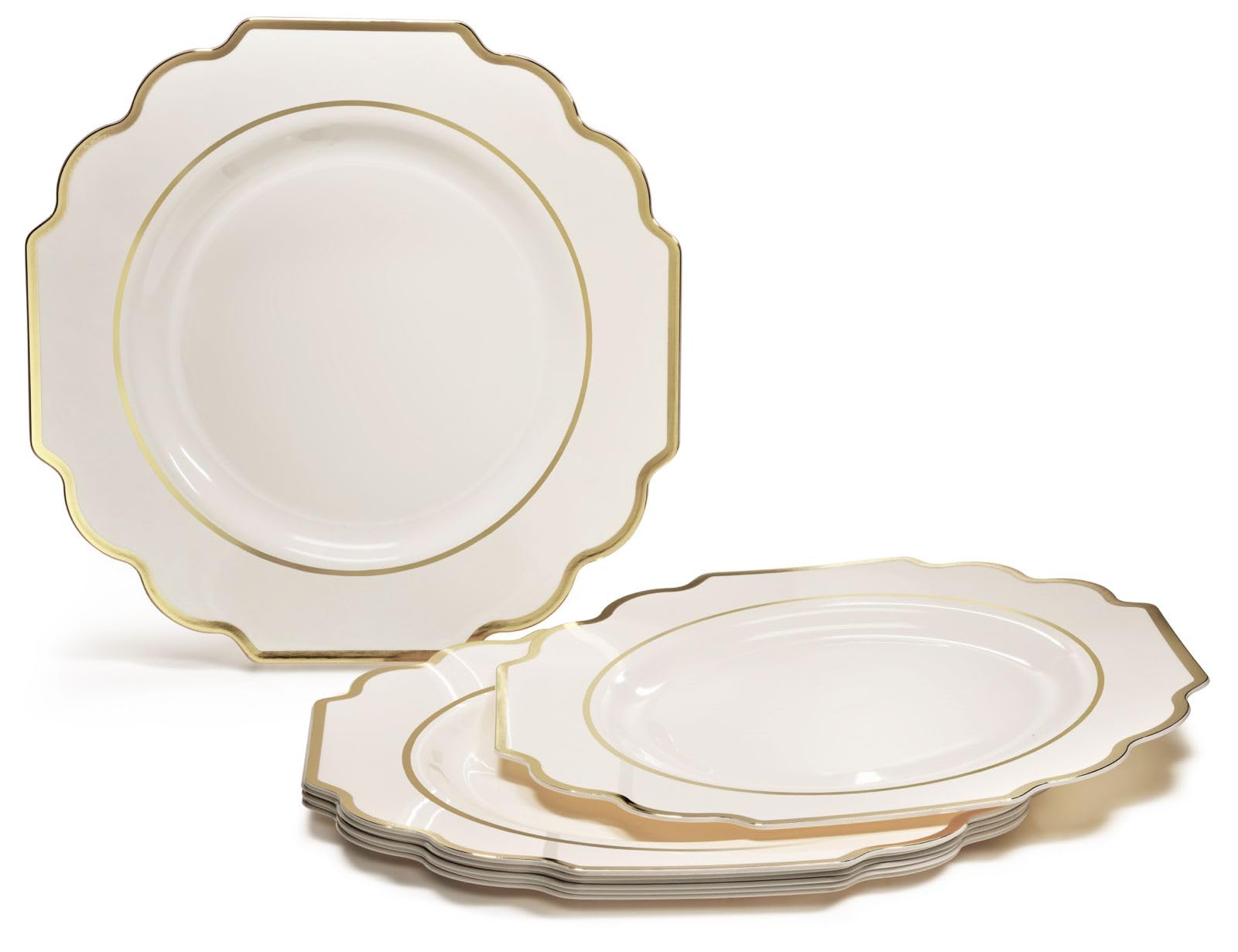 240-Pack Heavyweight Disposable Plastic Plates Set for Weddings & Parties - 120 x 10.5'' Dinner Plates + 120 x 8'' Salad/Dessert Plates in Imperial Ivory & Gold - Elegant Disposable Tableware for Wedding Receptions, Bridal Showers, Birthday Parties & Catering Events