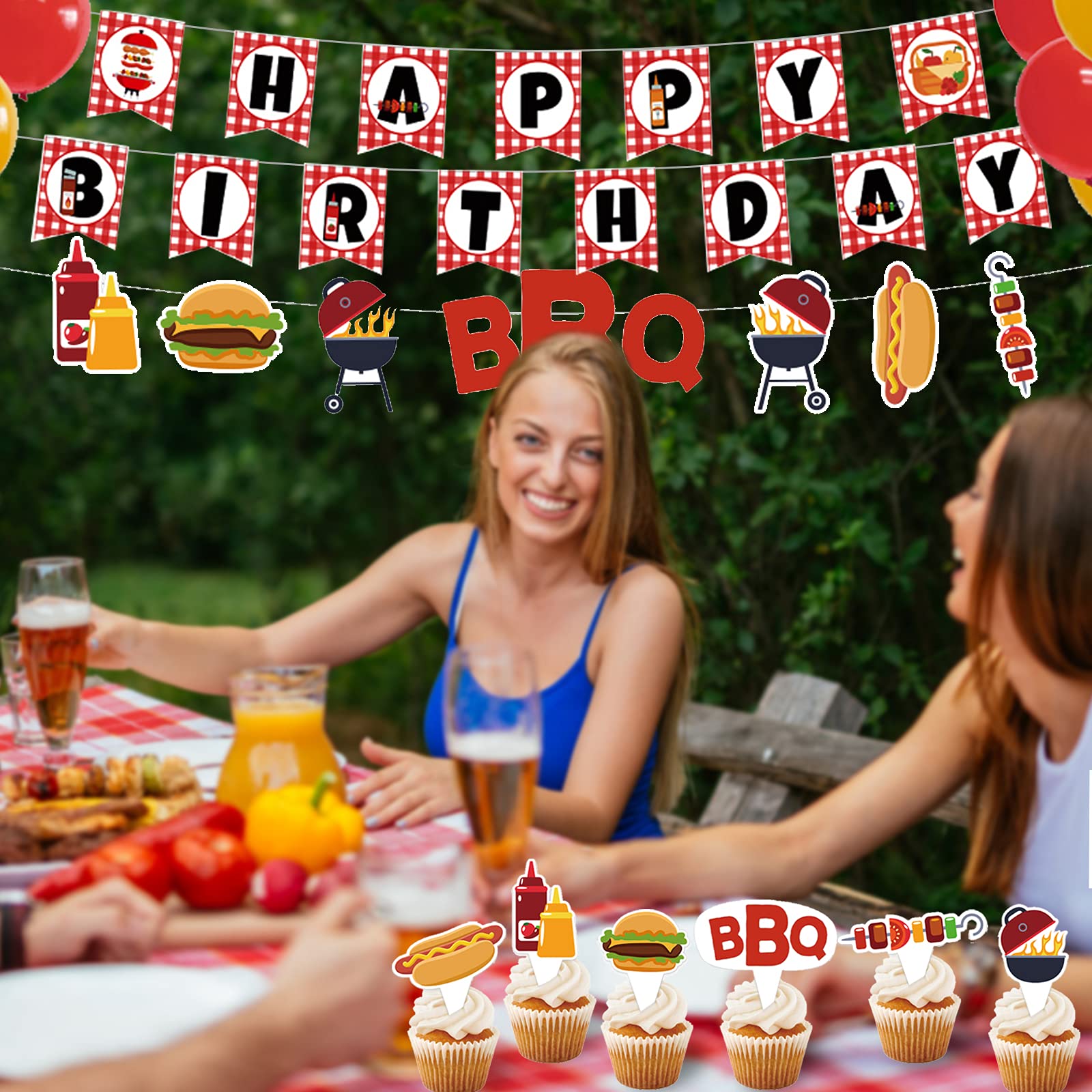 Red Checked Picnic Birthday Party Decorations Set - BBQ Baby Shower Supplies with Happy Birthday Banner, Cupcake Toppers & Balloons - Perfect for Outdoor Celebrations, Themed Parties & Backyard Gatherings