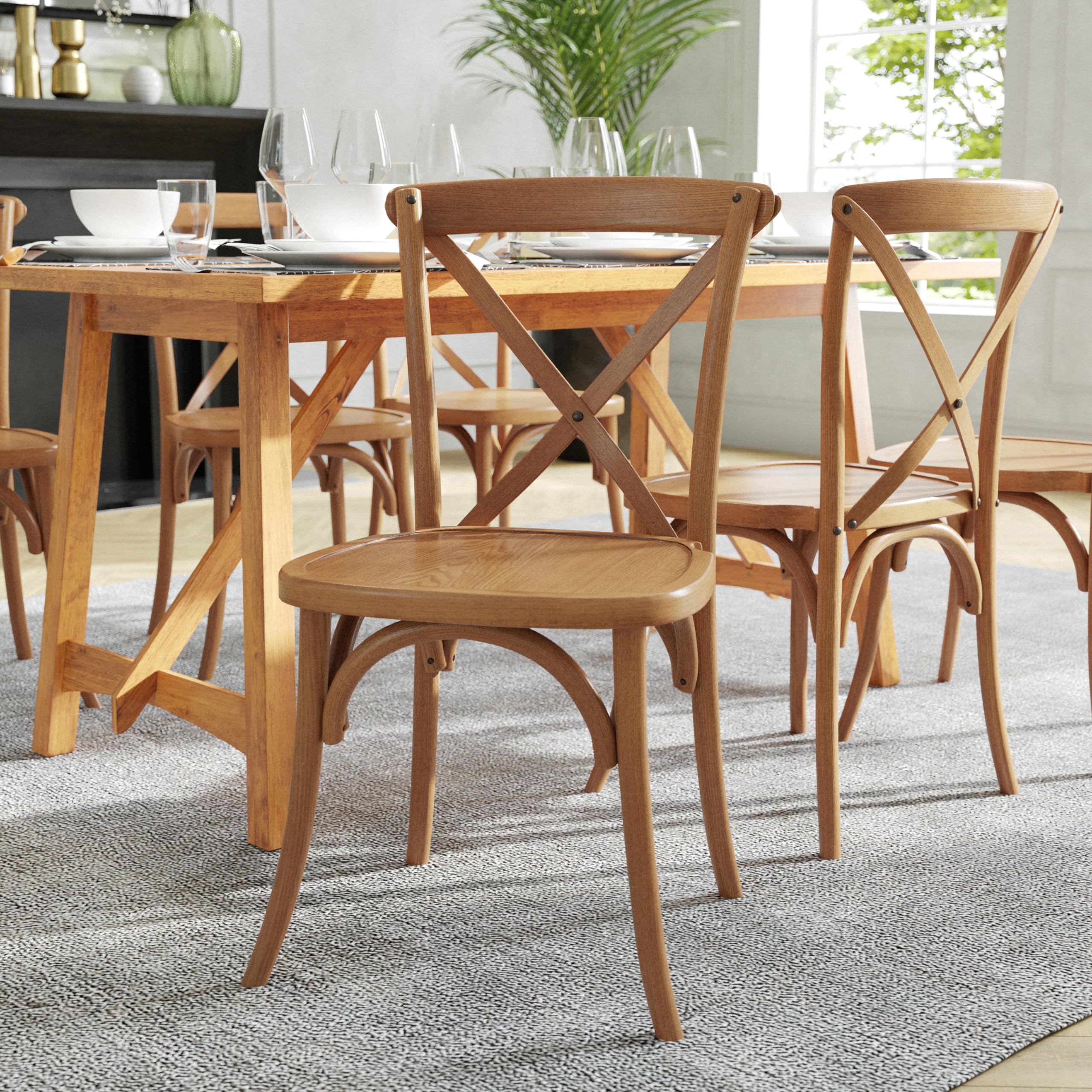 Stackable Pecan Wood Cross Back Chair - Durable & Comfortable Dining Chairs for Kitchen, Restaurant, and Outdoor Patio Use