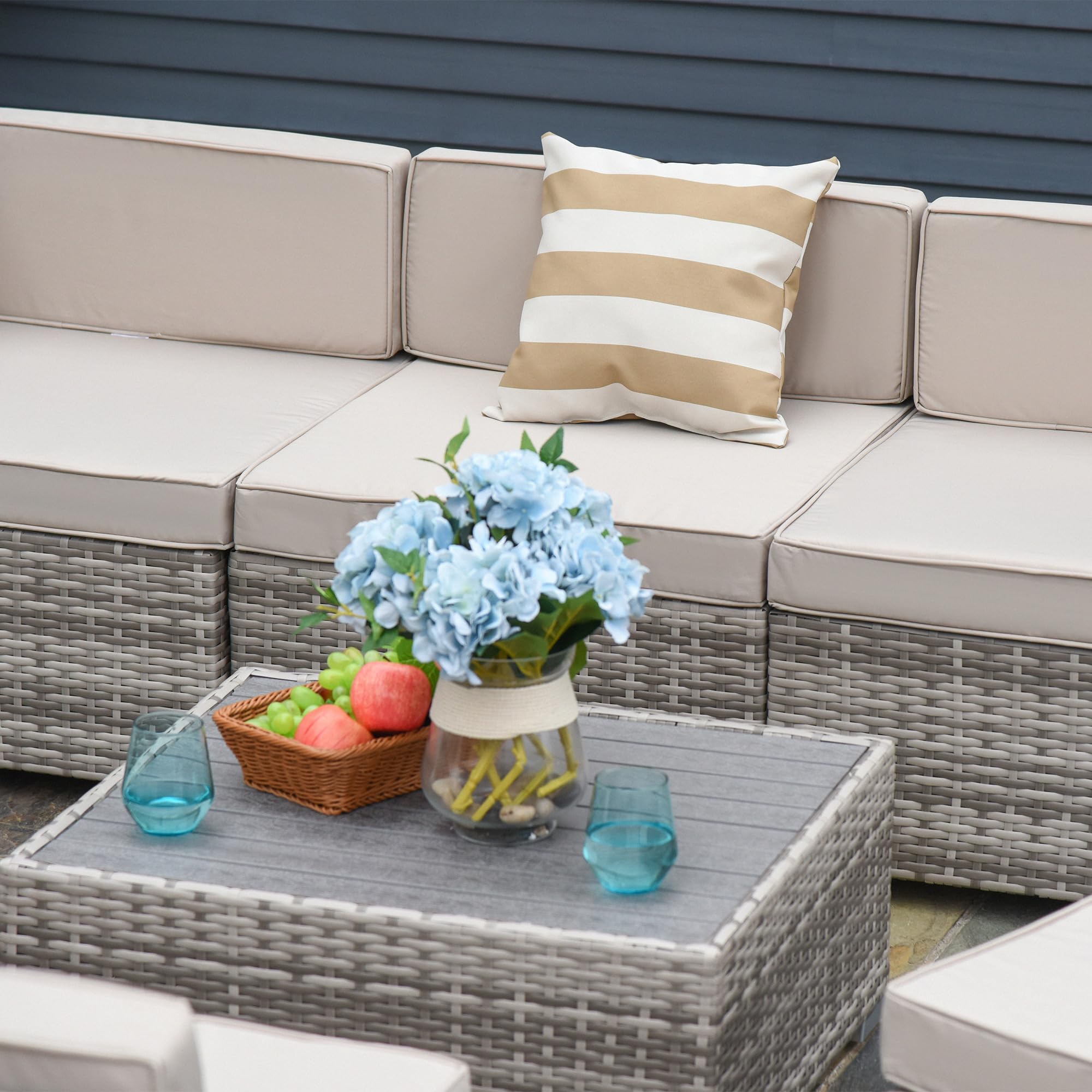 Outsunny 7-Piece All-Weather PE Rattan Patio Furniture Set, Outdoor Wicker Sectional Sofa with Cushions & Faux Wood Coffee Table - Beige Stripe Pillows - Perfect for Garden, Backyard, Poolside & Patio Relaxation