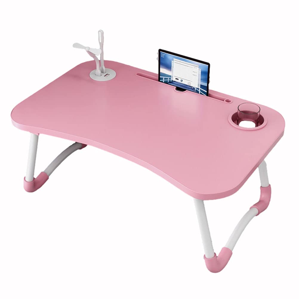 Adjustable Folding Laptop Table Stand with Cup Holder & Cooling Fan - Portable Lap Desk for Bed, Sofa, Balcony & Outdoor Use - Pink Notebook Tray for Work, Study & Breakfast in Garden or Terrace